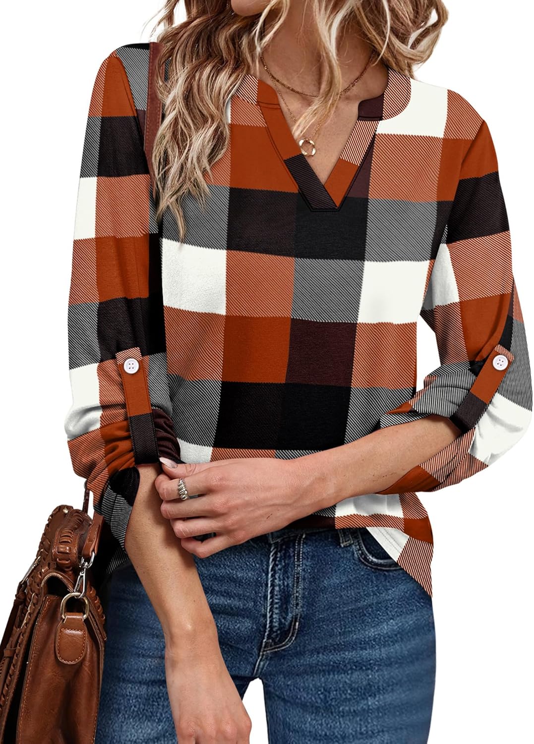 WIHOLL Plus Size Fall Fashion 2025 3/4 Length Long Sleeve V Neck Tunic Teachers Shirts Dressy Casual Blouses Curve Hem Fall Tops Orange Plaid XL - Image 2