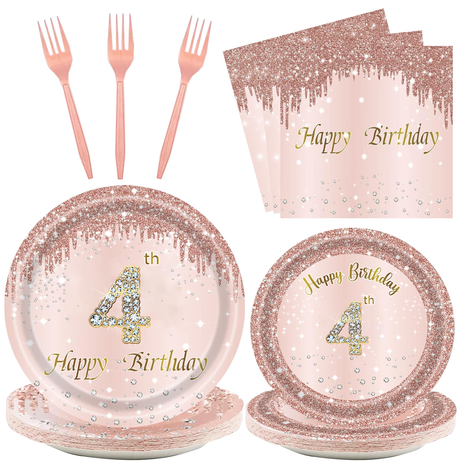 24 Sets 4th Rose Gold Birthday Party Decrations for Girls 4 Birthday Plates and Napkins Forks Party Supplies for 4 Year Old Disposable Pink Gold