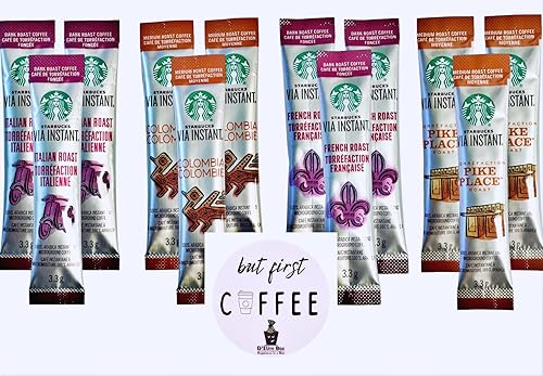 VIA D'Elite Box - Paquete de muestras variadas de café instantáneo, regalo de 12 palitos, tostado francés, Pike Place, Colombia, tostado italiano