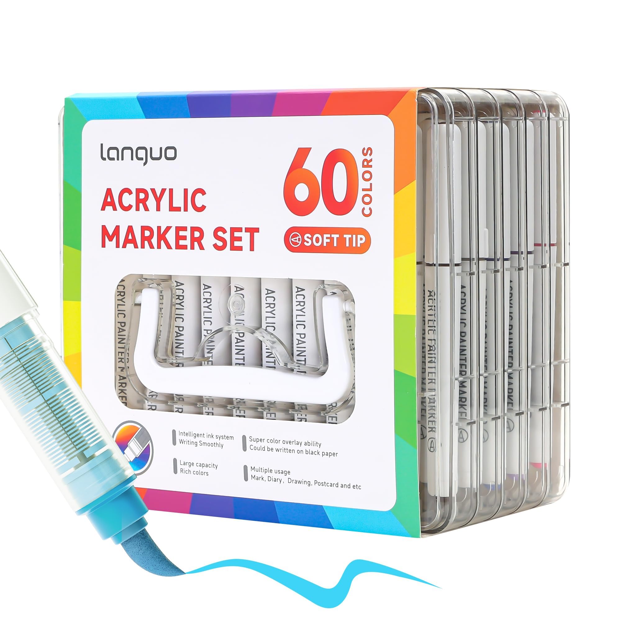 60 Colors Acrylic Paint Markers Set with Soft Brush Tips, Fast Drying & No Bleed Ink, Multi-Surface Paint Pens for Rock, Wood, Ceramic, Fabric, DIY Crafts & Art Projects