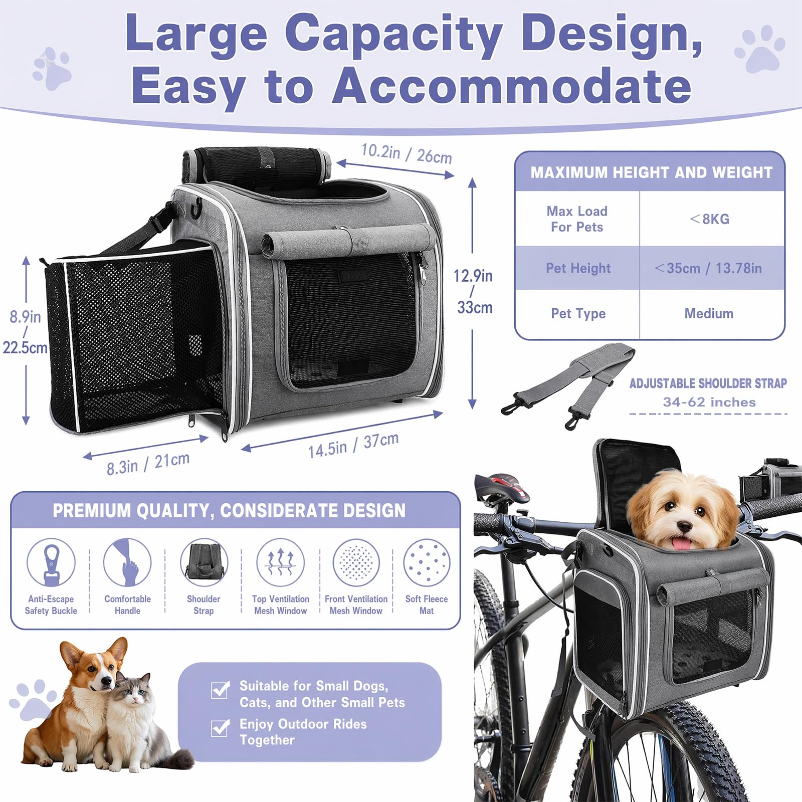Cestino per cani anteriore fino a 5 kg, cestino per cani 4 in 1, pieghevole e traspirante, zaino espandibile, borsa da viaggio per animali domestici per gatti e cani