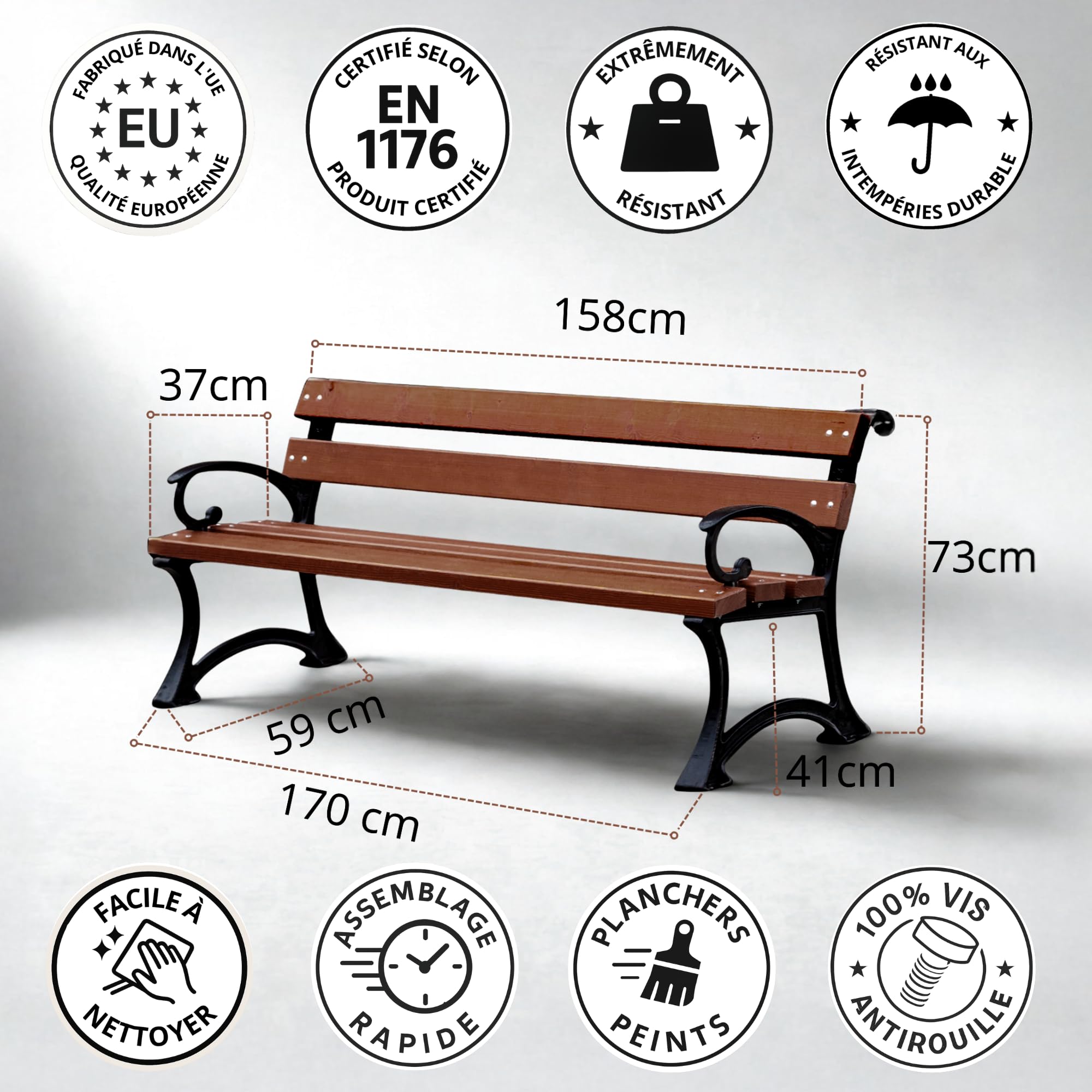 REKORD Banc de Jardin 170 x 59 x 73 cm Banc d’extérieur Robuste en métal et Bois avec Dossier résistant aux intempéries pour Parc terrasse et Avant-Cour – Gdansk BIS – Palissandre