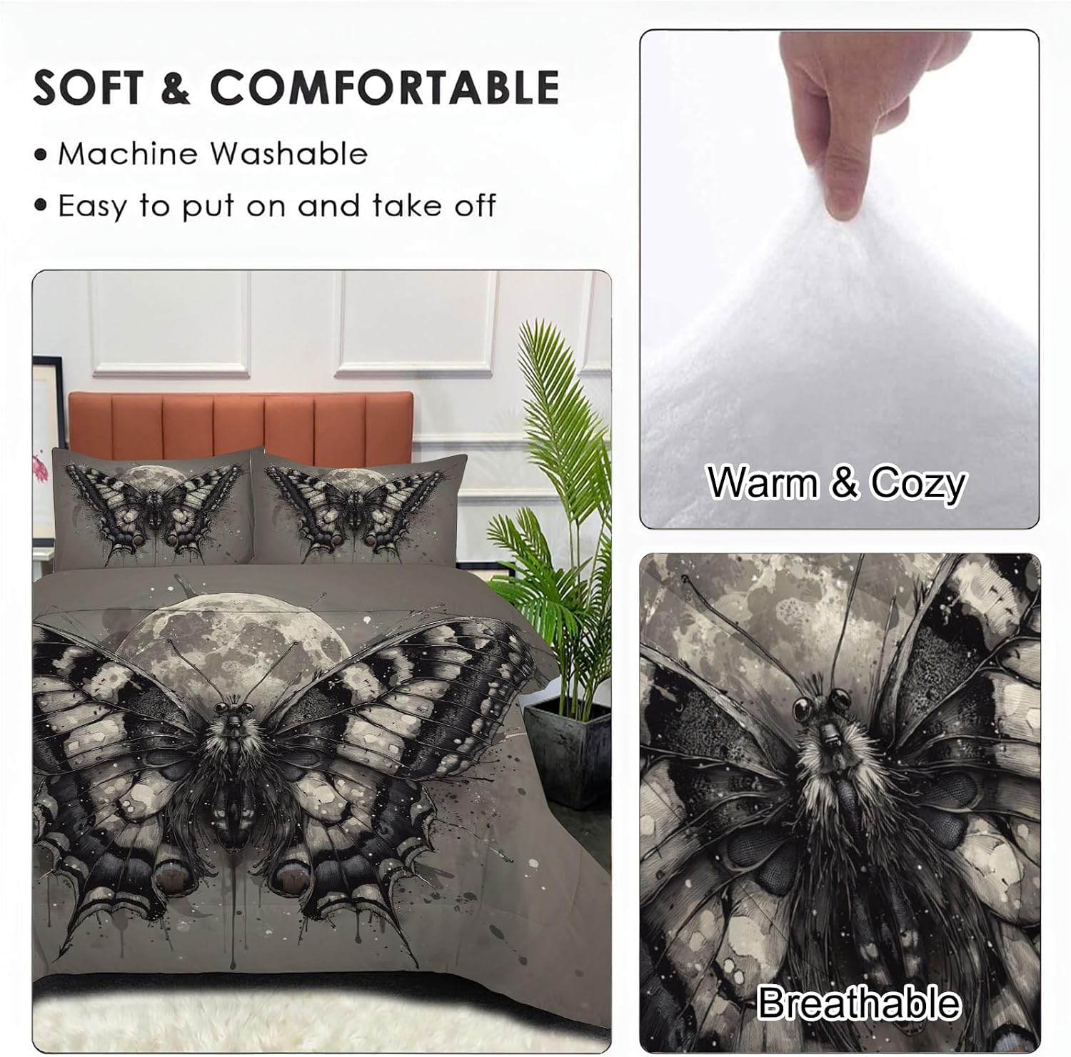 Kids 104" x 90" Coverless Duvet for All Seasons, Reversible Washable 3 Quilt with Ink Painting Animals Patterns, Grey Comforter with 2 Pillowcases 50x75cm, King