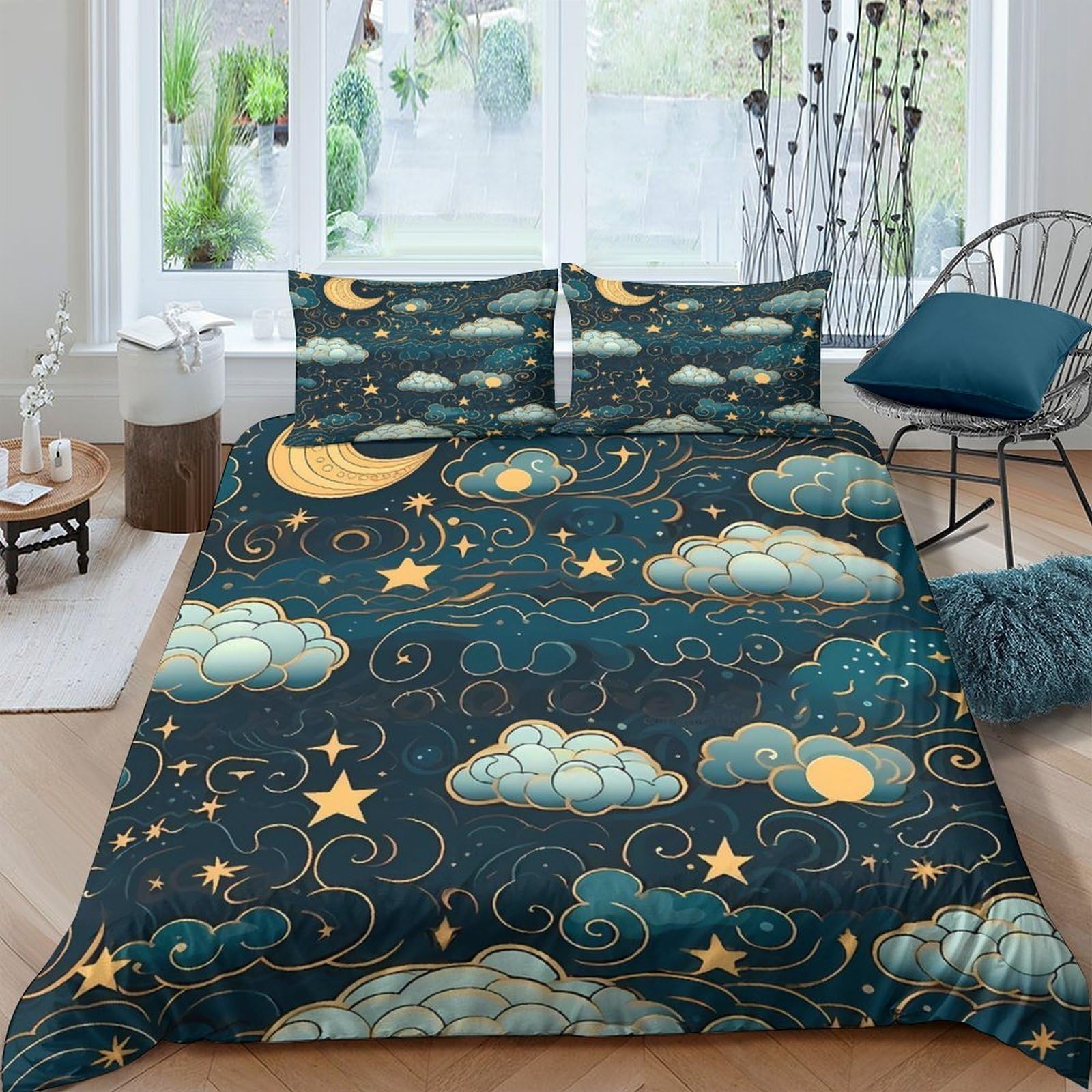 Ctjqhvkz Style-10 3D Printed Night Sky Moon Fitted Sheet Microfiber Soft Clouds Stars Mattress Cover For Bedroom Dorm Decorative Protection Single（135X200cm）