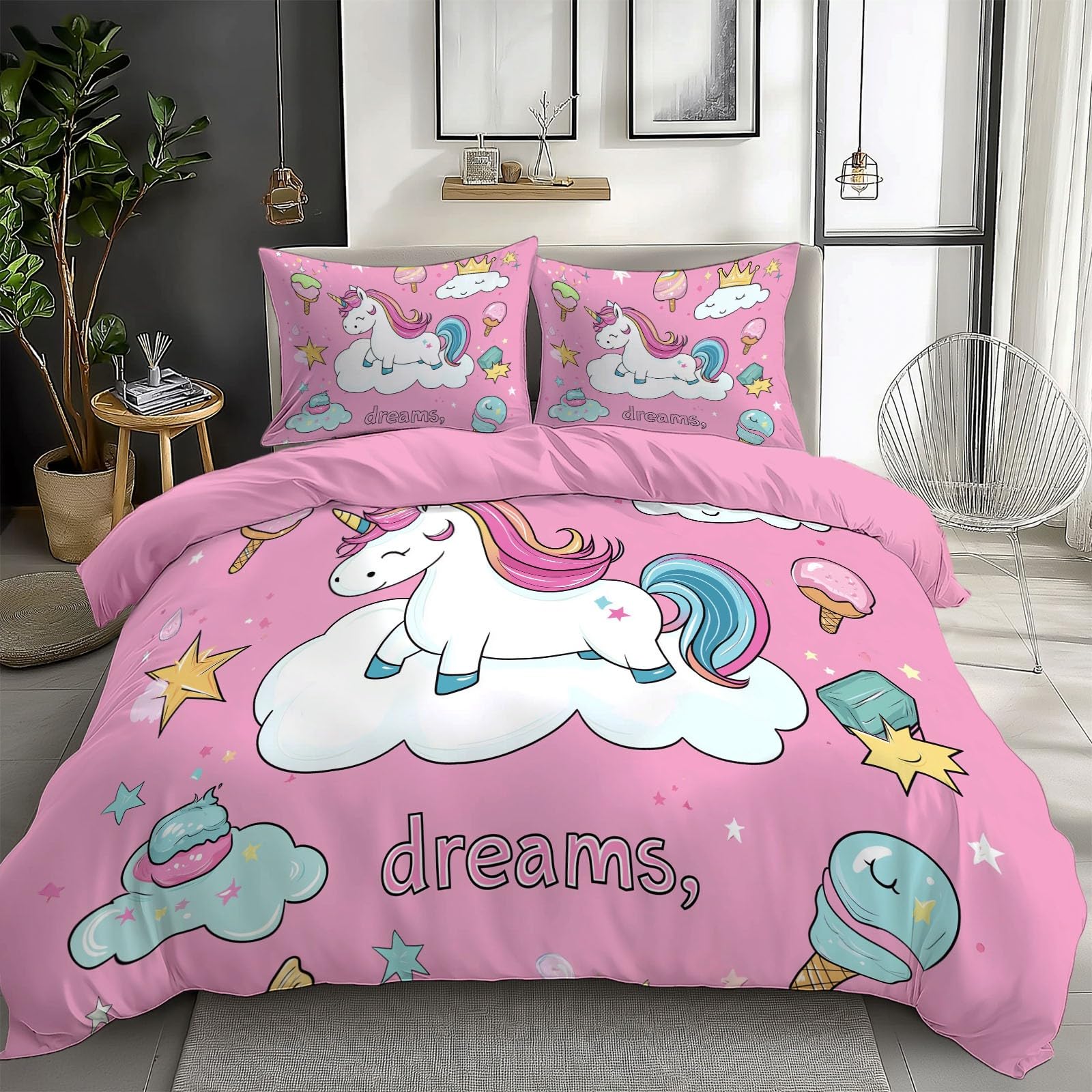 Housse de couette 200x200 licorne parure de lit 2 personnes avec 2 taies d'oreiller 65x65 cm