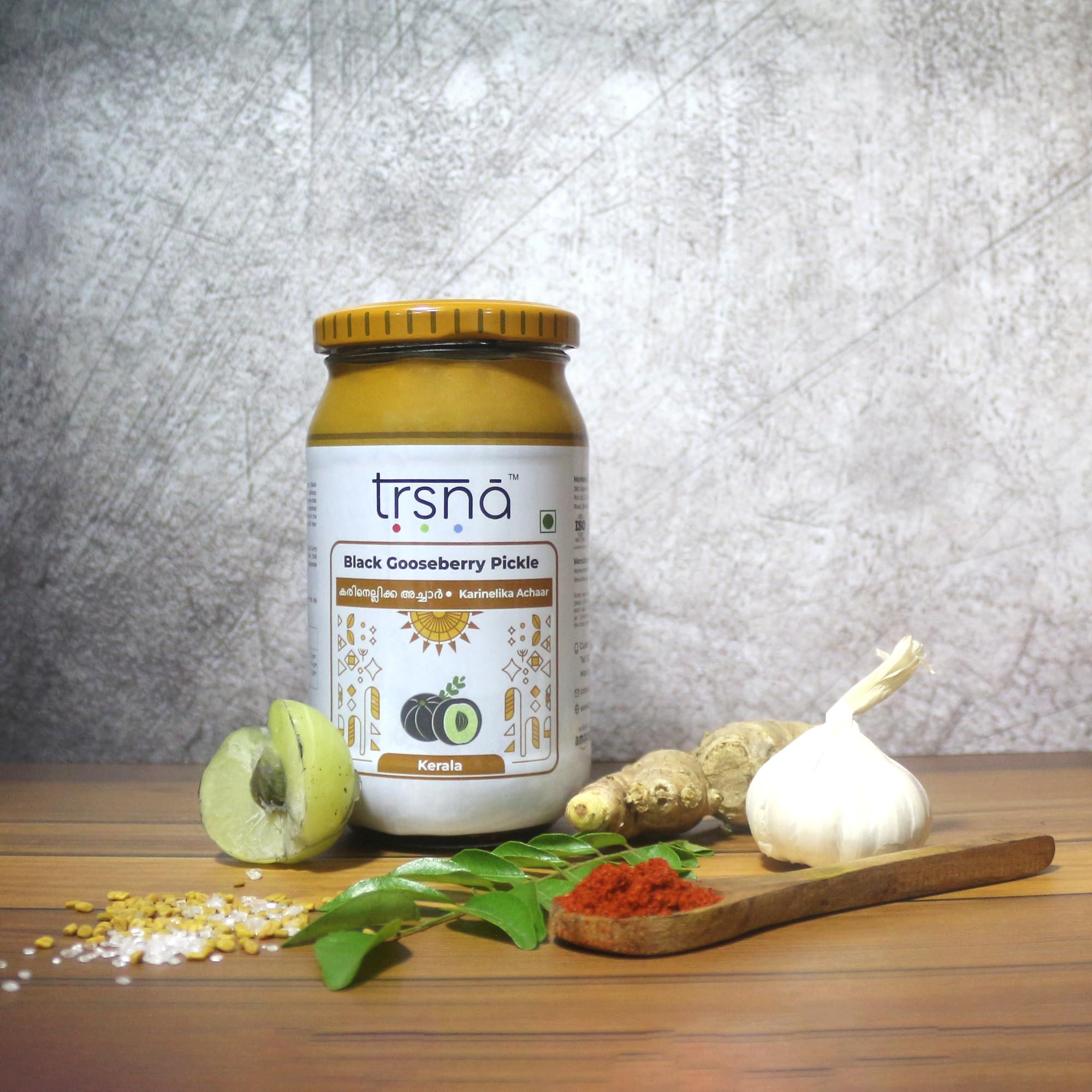 Trsna Black Gooseberry Pickle 200 Grams | Kerala Karinelika Achar | Sun-Dried Seedless Amla Pickle | Traditional South Indian Taste | Tangy & Spicy | Premium Gourmet Achaar Made in Kerala | Glass Jar 1