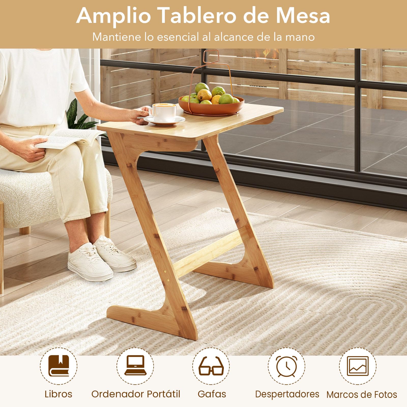GIANTEX Mesa Auxiliar de Bambú, Mesa Lateral en Forma de Z para Sofá y Cama, Escritorio para Portátil Moderno para Salón, Dormitorio, Estudio, Oficina, 75 x 40 x 70 cm (Natural)