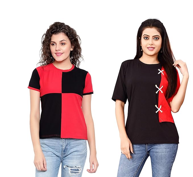 DHRUVI TRENDZ Women Printed Top with Half Sleeves for Office Wear, Casual Wear, Under 399 Top for Women/Girls Top(Red&Mustered)