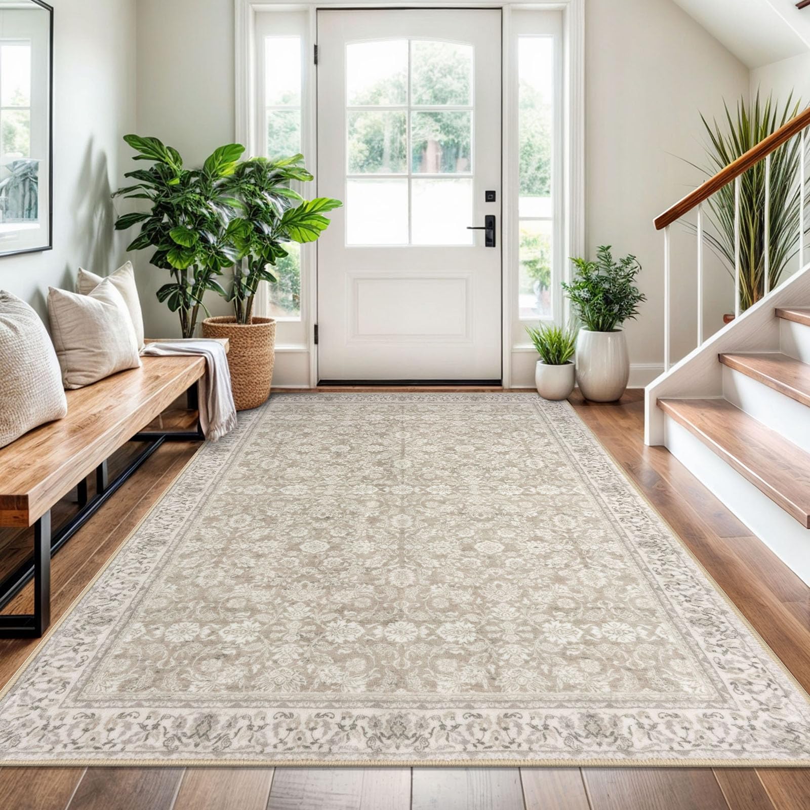 SIILOOM 4x6 Washable Rug Cream Beige White Grey Small Area Rug for Entryway Soft Non-Slip Indoor Door Rugs Distressed Floral Low-Pile Doormat, Neutral