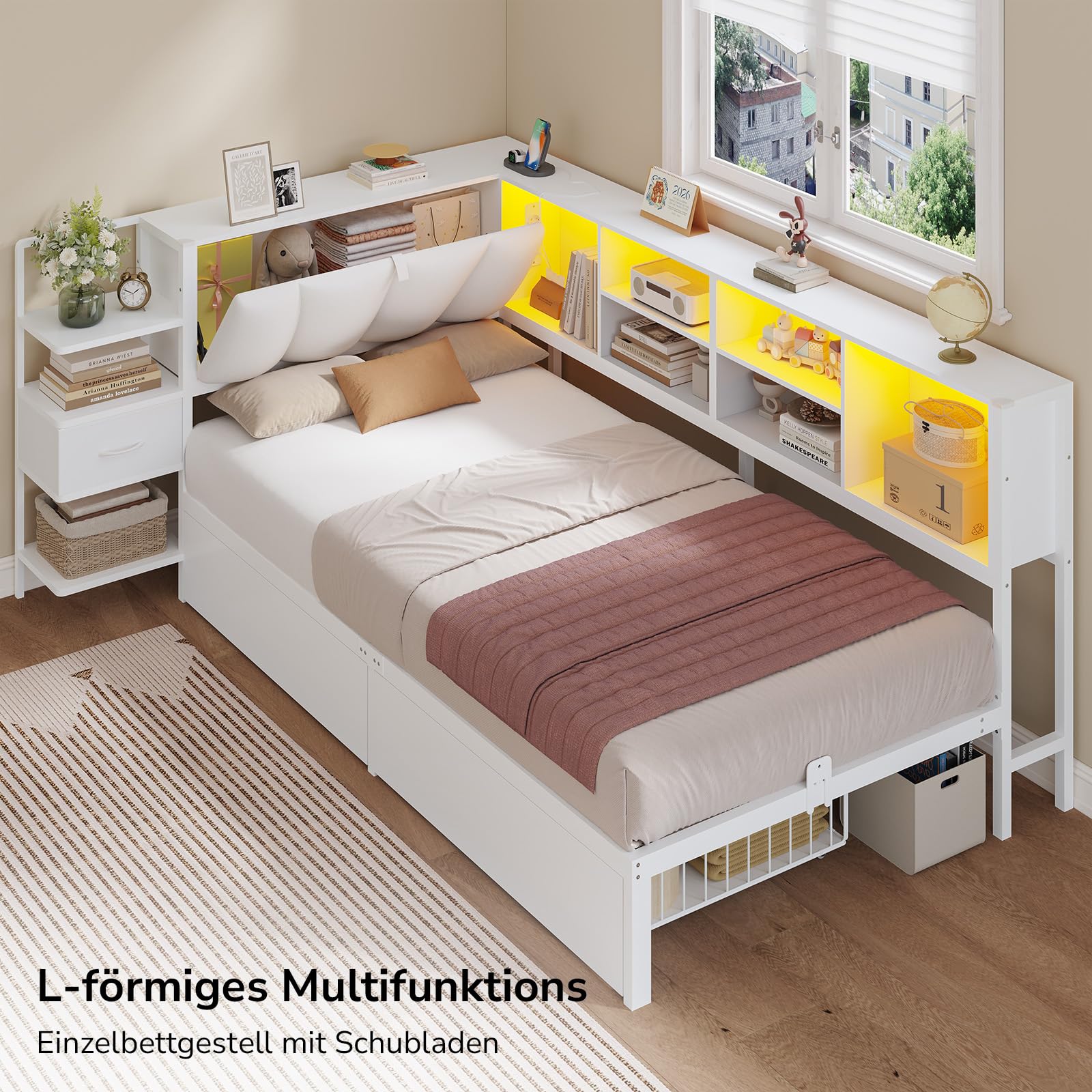 Cama juvenil de 90x200 in, color blanco con LED, espacio de