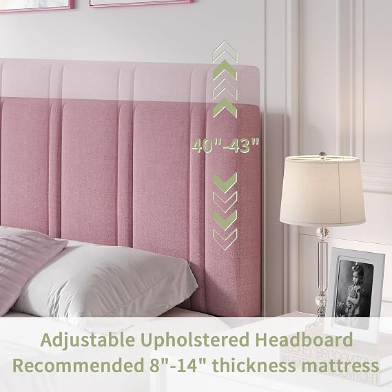 MaverickFurni Twin Bed Frame for Kids with Upholstered Headboard, Pink