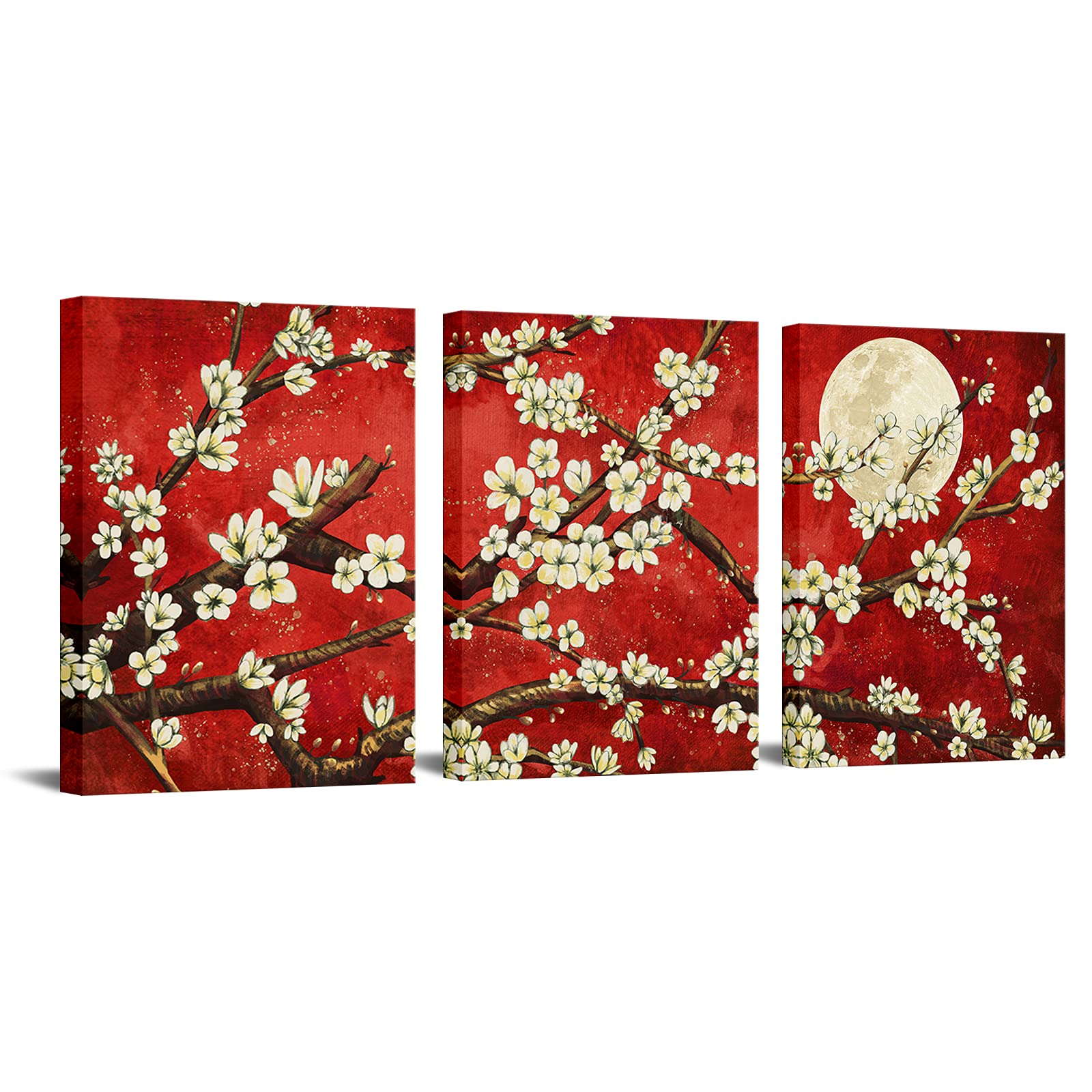 Canvas Set of 3 Wall Art for Bedroom Flower Oil Painting On Canvas Gallery Wrapped Framed Floral Plum Blossom Tree Red Artwork for Home Decor Each Panel 12x16inch (Red)