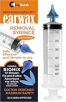 BIONIX EAR WAX REMOVAL SYRINGE LARGE CAPACITY 60ML MHRA & CE APPROVED + 3 x ANTI INFECTION EAR WICKS & 1 x ANTIBACTERIAL 3 STREAM OTOCLEAR TIP USED BY PROFESSIONALS.