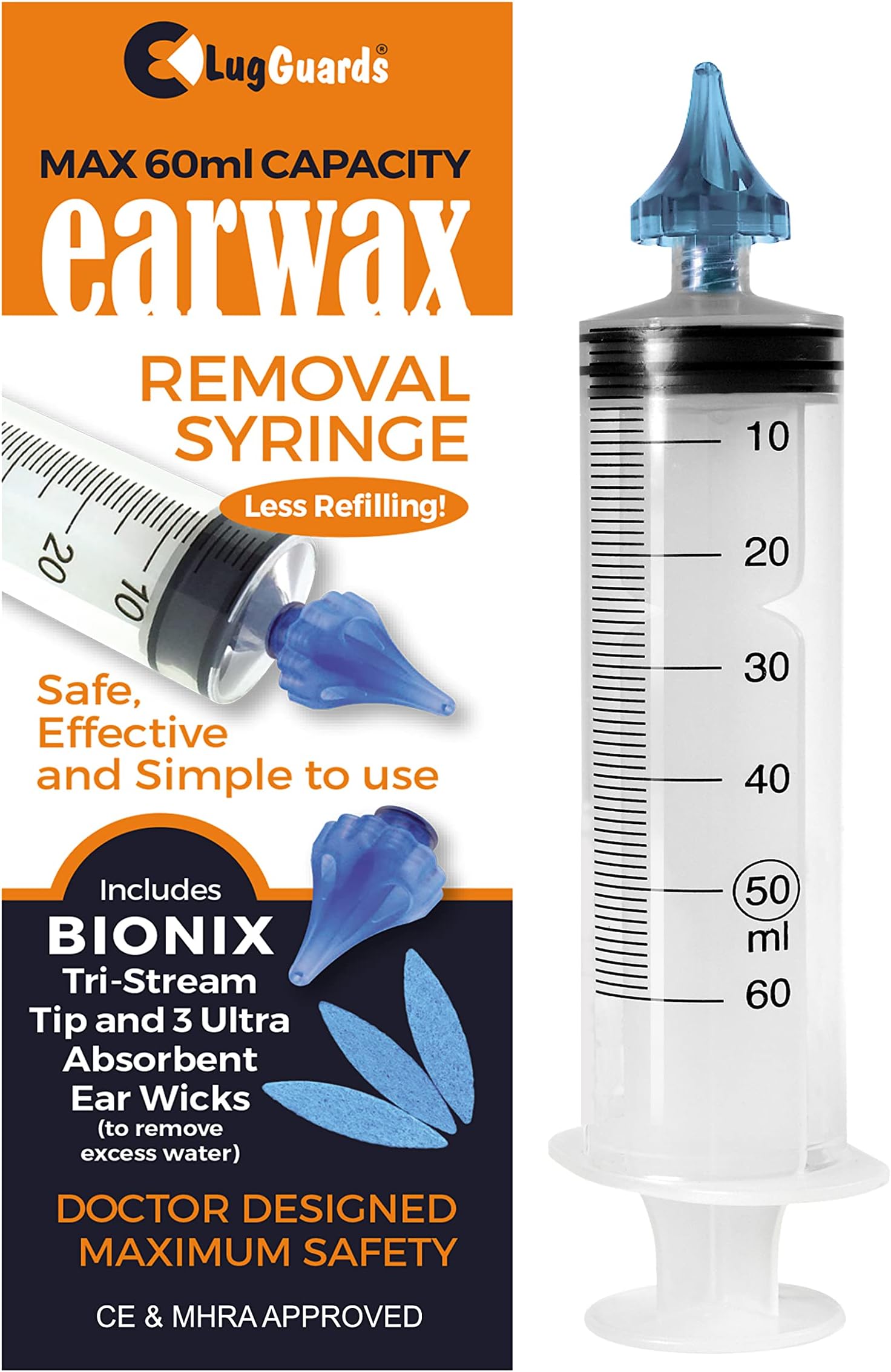 BIONIX EAR WAX REMOVAL SYRINGE LARGE CAPACITY 60ML MHRA & CE APPROVED + 3 x ANTI INFECTION EAR WICKS & 1 x ANTIBACTERIAL 3 STREAM OTOCLEAR TIP USED BY PROFESSIONALS.