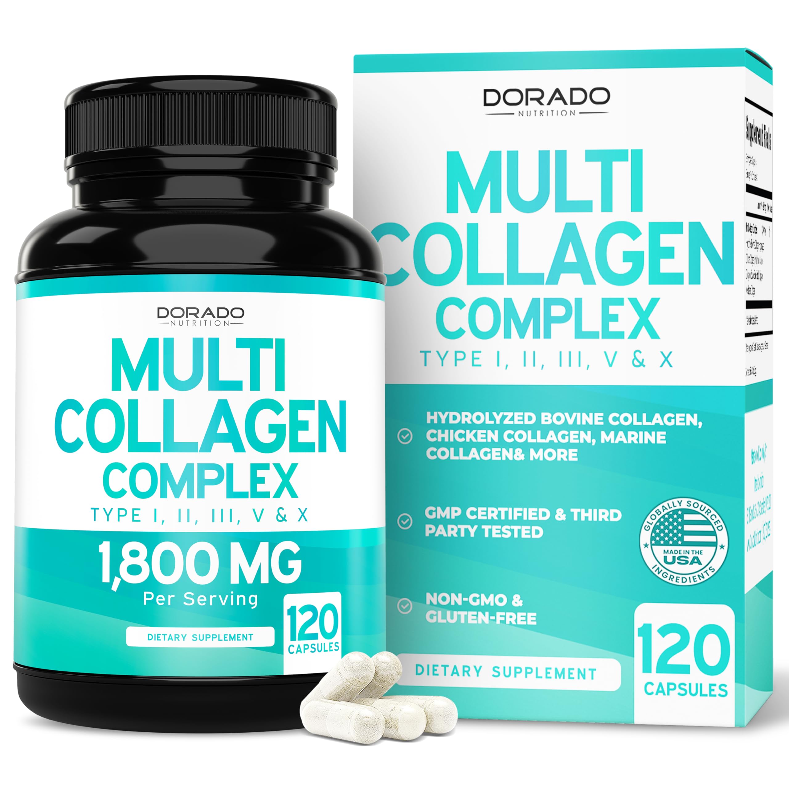 Multi Collagen Pills for Women Men 120 Capsules Type I II III V and X - Pure Hydrolyzed