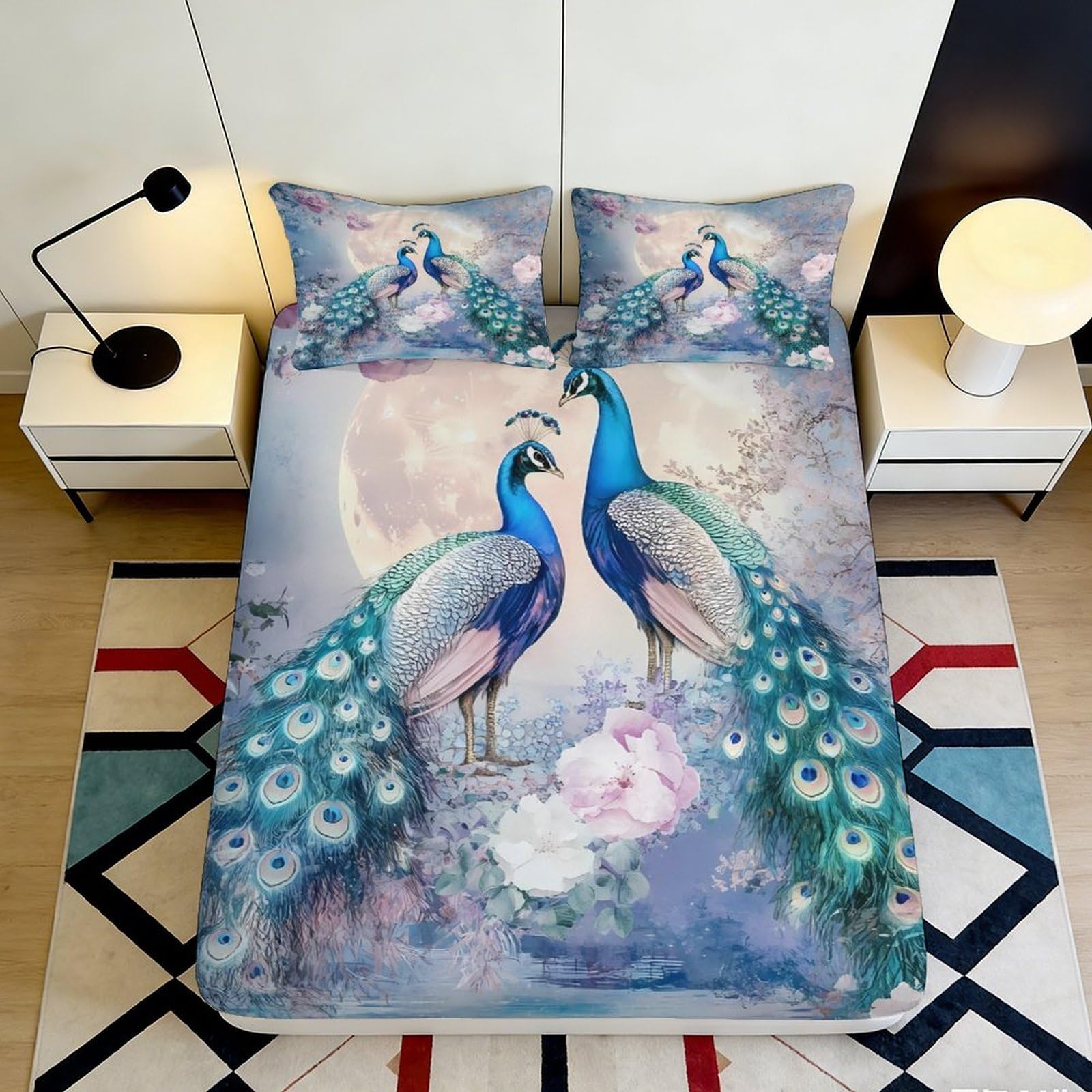 Jqzkxnhpbr Style-6 3D Printed Peacock Romance Fitted Sheet Microfiber Soft Floral Luxury Bed Cover For Bedroom Guest Room Decor 90X200x25cm