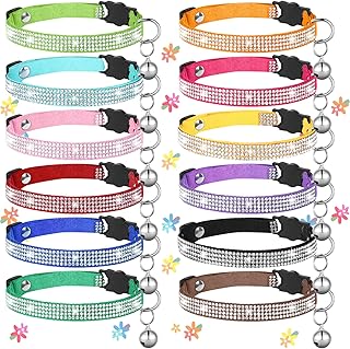12 Pcs Bling Rhinestone Girl Cat Collar with Bells Kitten Collar Breakaway Cat Collars Adjustable Pet Collars Soft Velvet Dog Collar with Buckle for Cats Kitten Puppy Small Dogs (Colorful, Small)