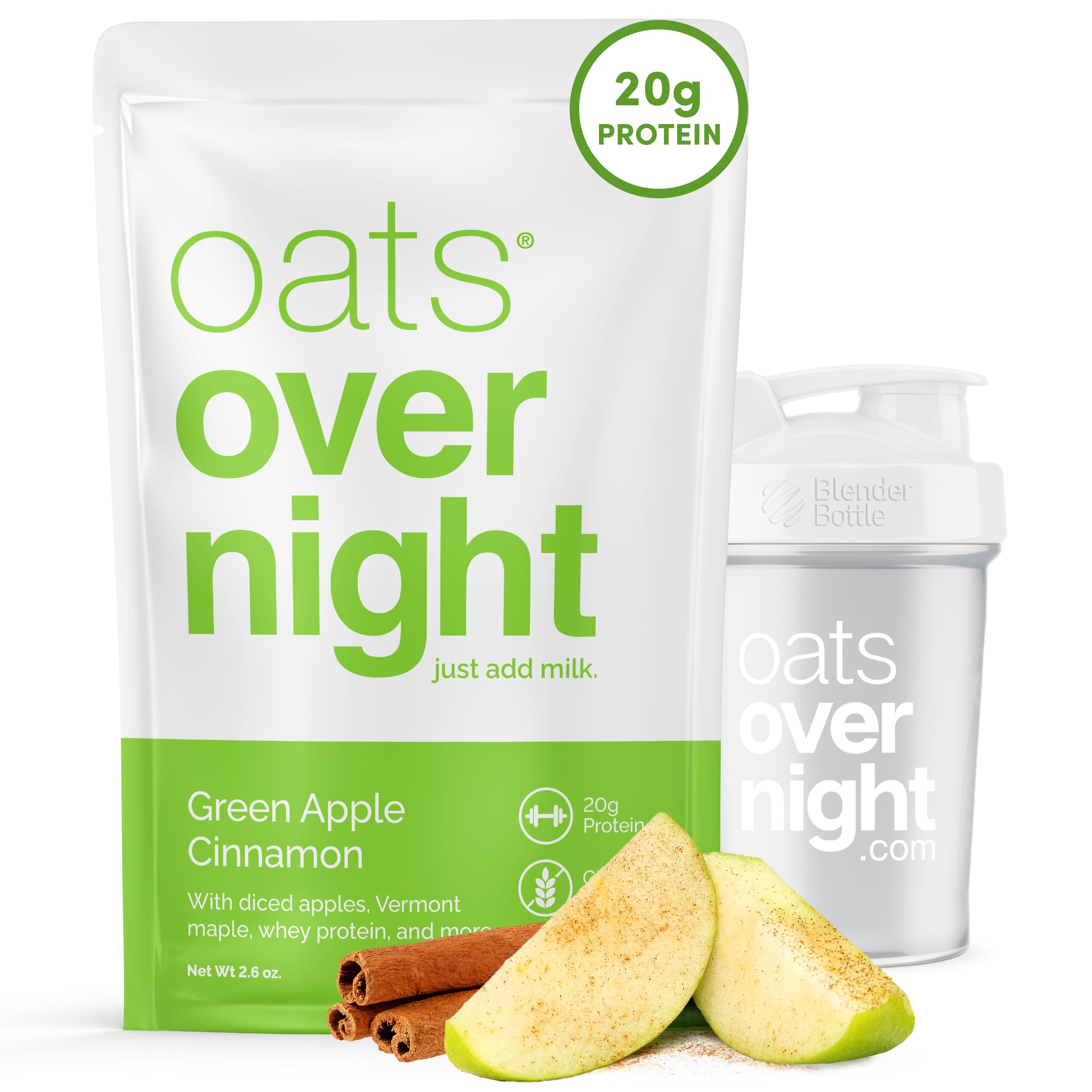Oats OvernightGreen Apple Cinnamon - Overnight Oats with 20g Protein, High Fiber Breakfast Protein Shake - Gluten Free Oatmeal, Non GMO High Protein Oatmeal (2.6 oz per Meal) (8 Pack + Shaker Bottle)
