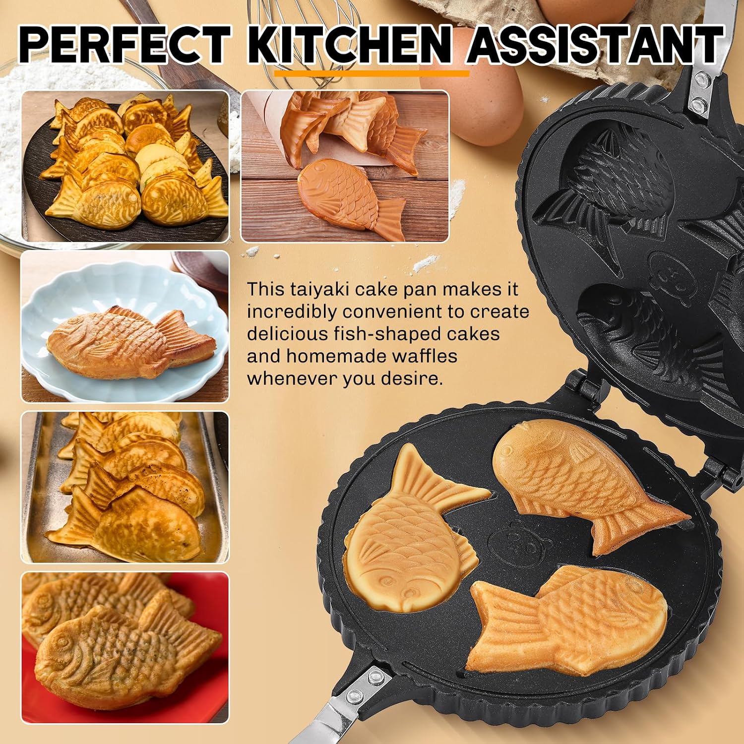 NATGAI Taiyaki Fish Shape Cake Pan, 3-Cavity Non-Stick Fish Waffle Iron