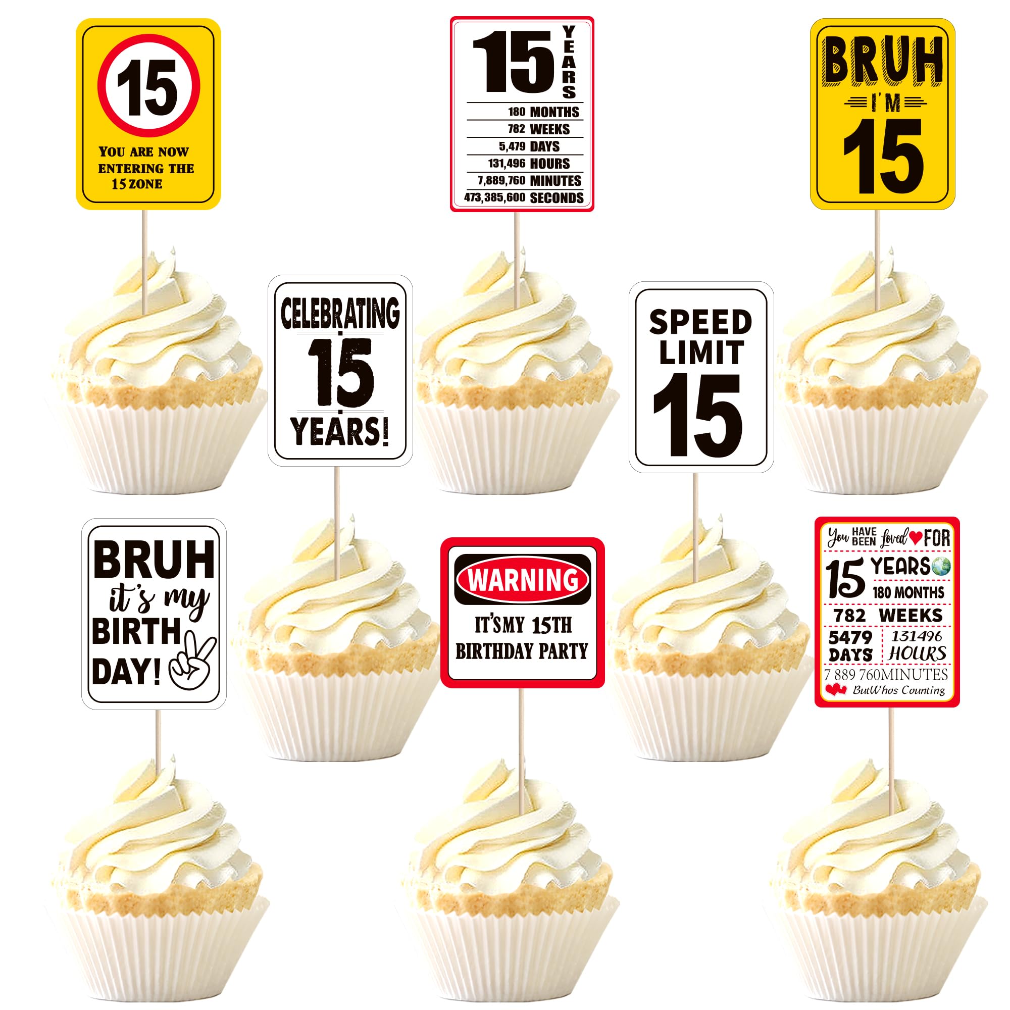 15th Birthday Cupcake Toppers Cheers to 15 Years Out Single Digits Cupcake Picks Bruh I'm 15 Speed Limit 15 It's My 15th Cake Decorations for Boys Girls Kids Birthday Party Cake Supplies
