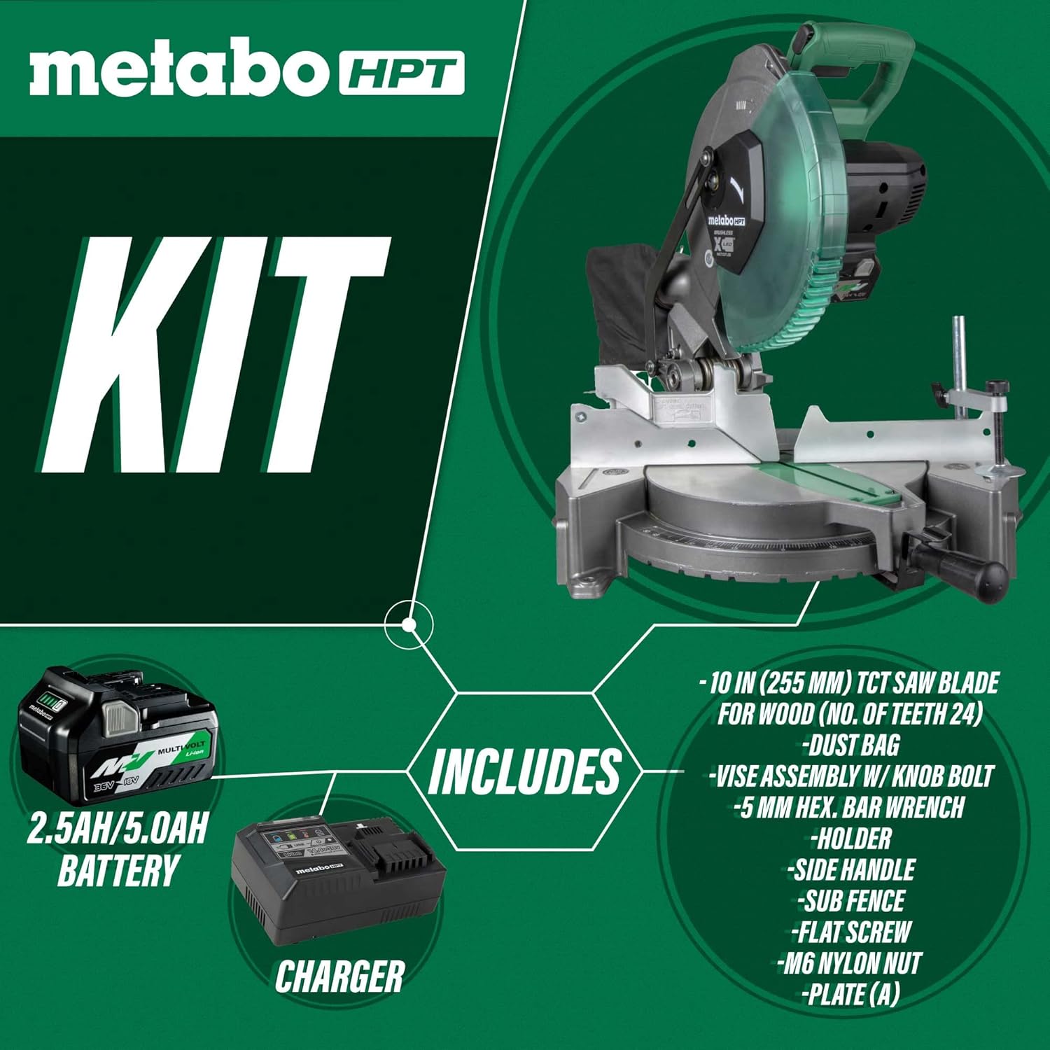 Metabo HPT 18V MultiVolt™ Cordless Miter Saw Kit | 10-Inch Blade | Includes 1-18V/36V MultiVolt™ Battery + Charger | Xact Cut LED Shadow Line System | C1810DFA