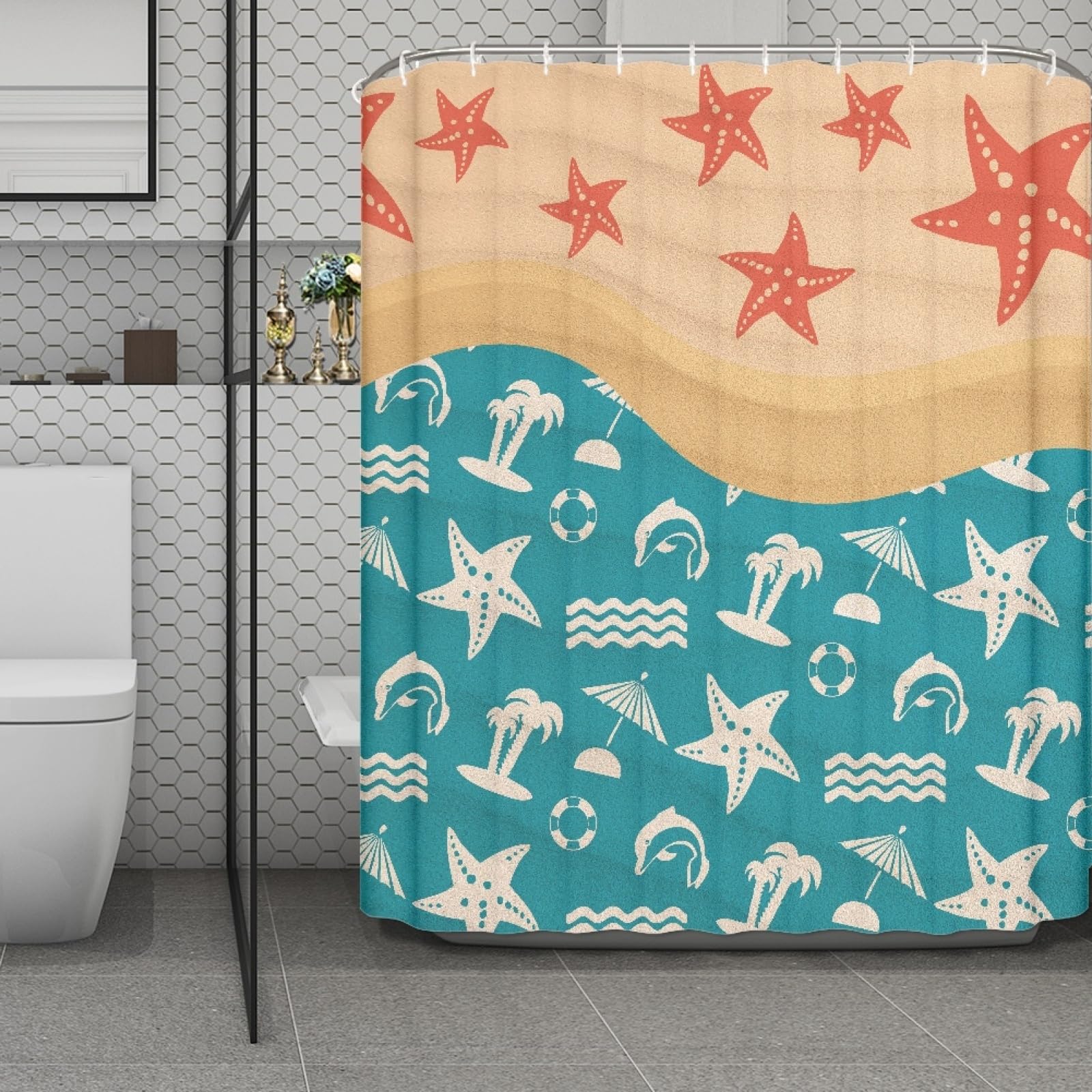 Rideau de douche 180x220 motif étoile de mer rouge et blanc en polyester lavable