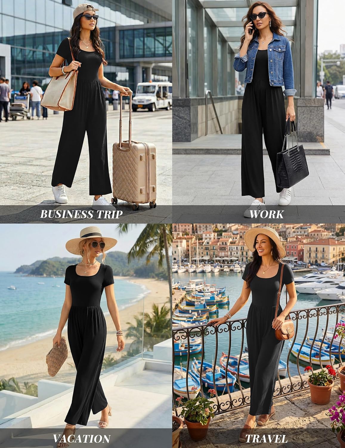 Ekouaer Summer Jumpsuits for Women Short Sleeve Wide Leg Romper Casual Square Neck Jumper 2026 One Piece Overalls with Pocket