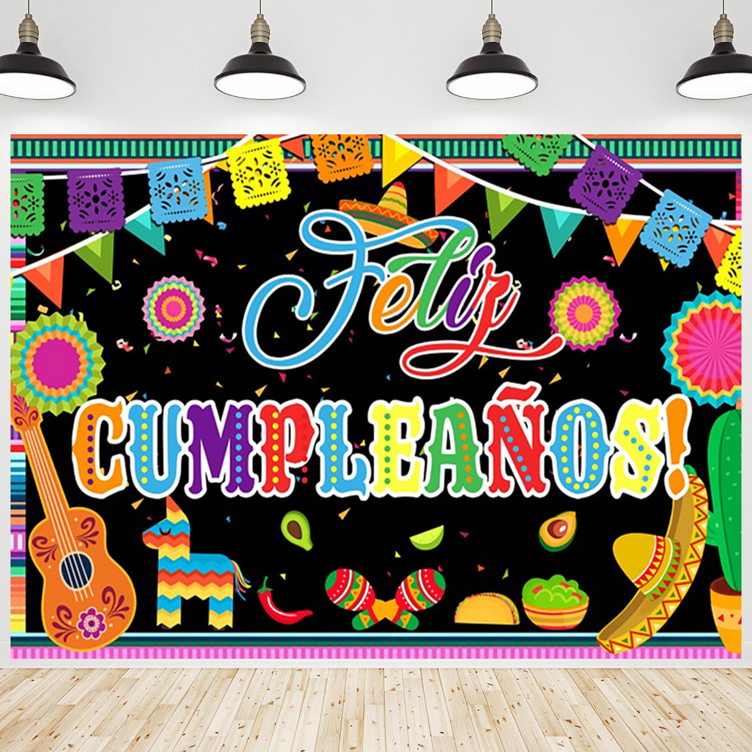 CRTPOD Mexican Fiesta Birthday Backdrop Feliz Cumpleaños Colorful Paper Floral Cinco De Mayo Taco Photography Background for Carnival Birthday Party Decorations Banner Photo Photobooth Props 7x5ft