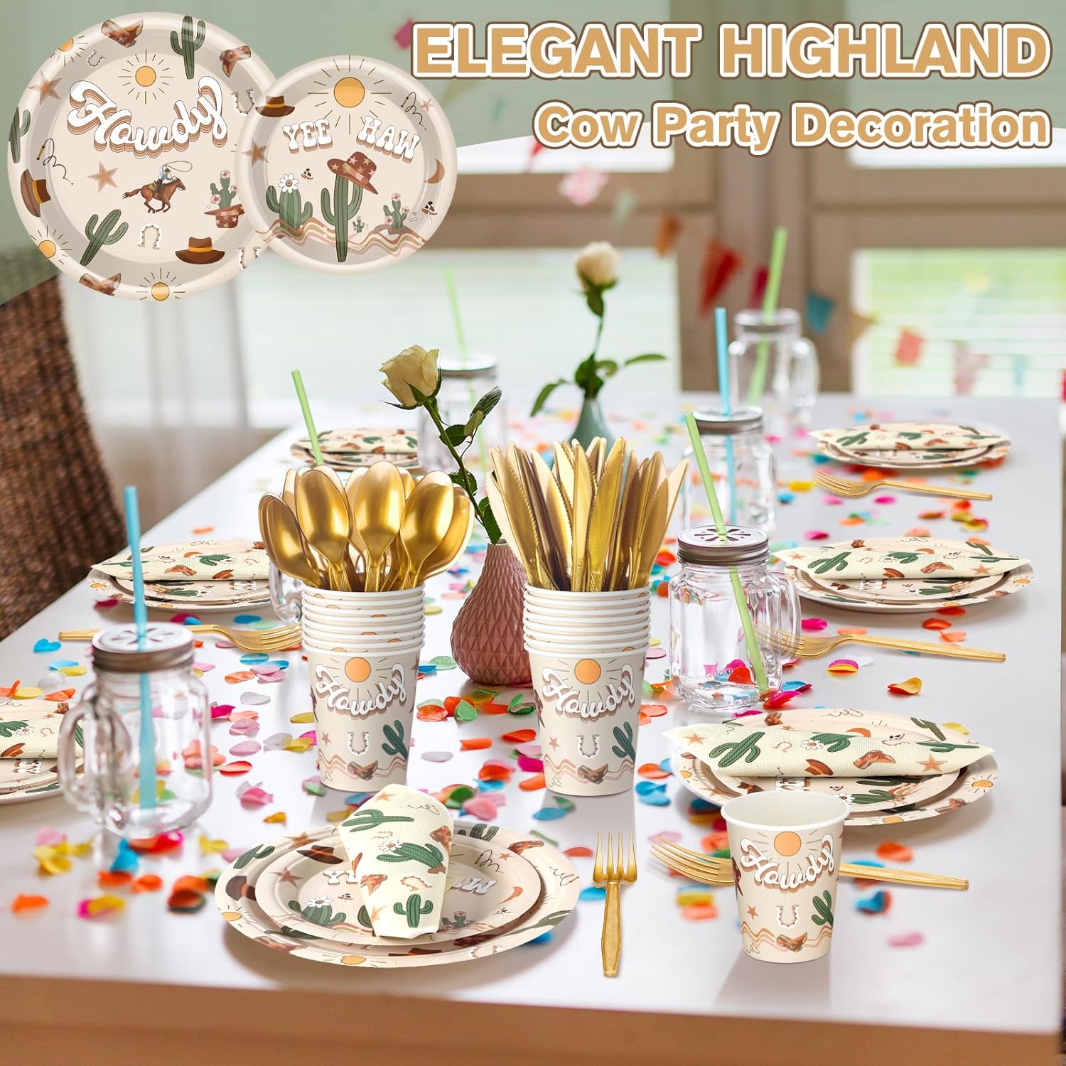 168 Pcs Western Rodeo Country Birthday Party Supplies First Rodeo Cowboy Birthday Party Decorations, Howdy Cowgirl Supplies, Yeehaw Boho Western Baby Shower Favors, Wild West Theme Tableware