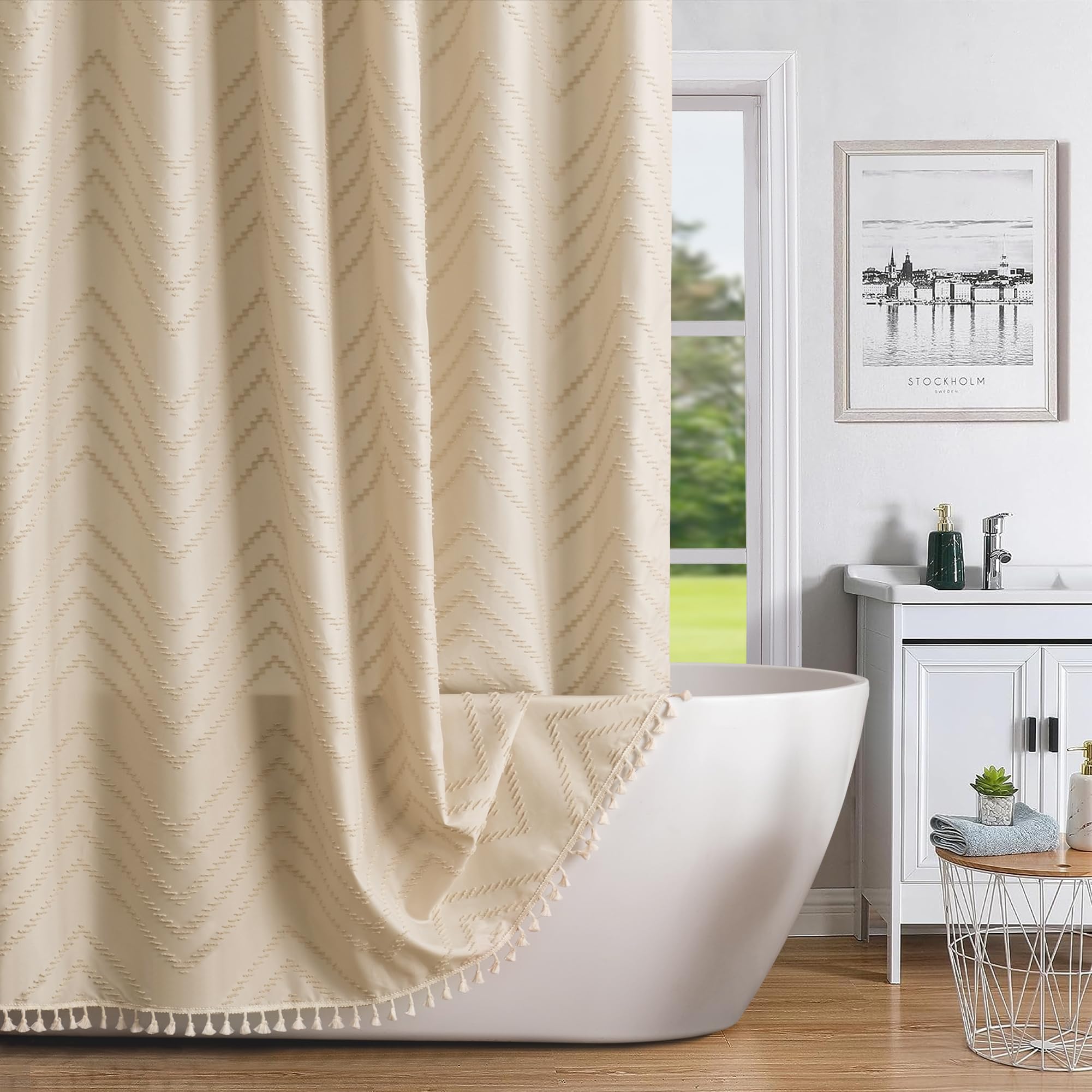 Boho Duschvorhang – Geometrisches Palmblatt-Design, Extra Lang, Wasserdicht – 183 X 213 Cm