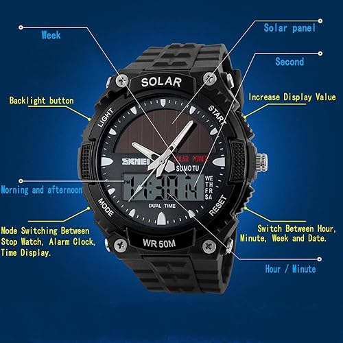 Miniatura 7 de FANMIS Reloj de pulsera de cuarzo casual con energía solar para hombre, analógico, digital, multifuncional, negro, reloj deportivo