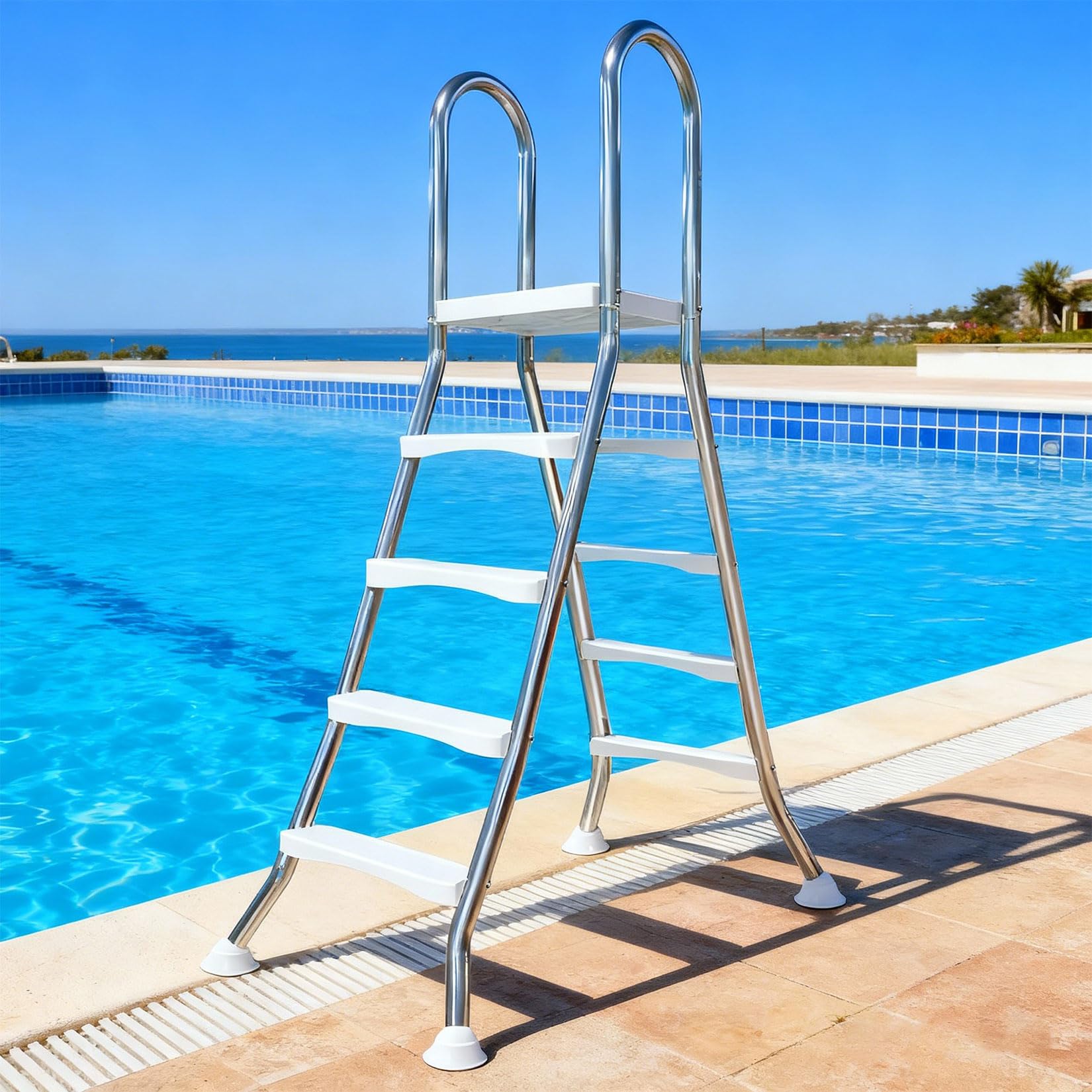 Edelstahl Poolleiter v4a mit 3 Rutschfesten Stufen, Schwimmbadleiter, Pooltreppe bis 250 kg Belastbar, Einstiegsleiter für Pool & Schwimmbecken Höhe bis zu 110 cm,135cm