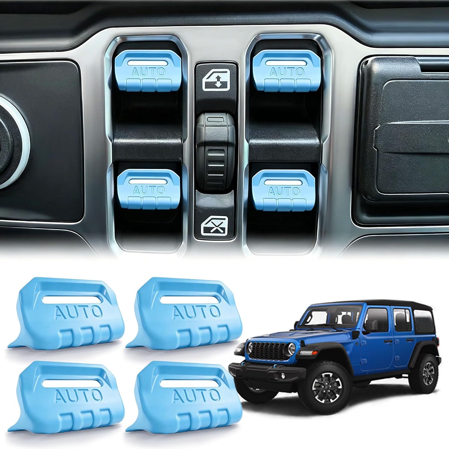 Window Button Covers for Jeep Wrangler JL JLU (2018-2026) & Gladiator JT (2020-2026) - 4-Pieces Aluminum Alloy Window Switch Decorative Ring Trims, Interior Accessories, 4PCS Set, Light Blue