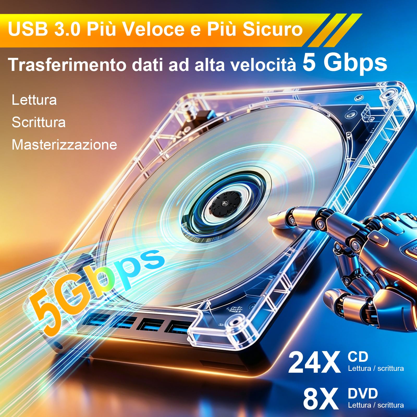 Lettore CD DVD Esterno per PC Portatile, Masterizzatore DVD Esterno USB 3.0 | -/+RW/ROM Drive con 4 Porte USB Portatile Velocità 5 Gbps per Laptop, Desktop, Windows 11/10/8/7/XP/Vista, Linux, MacOS