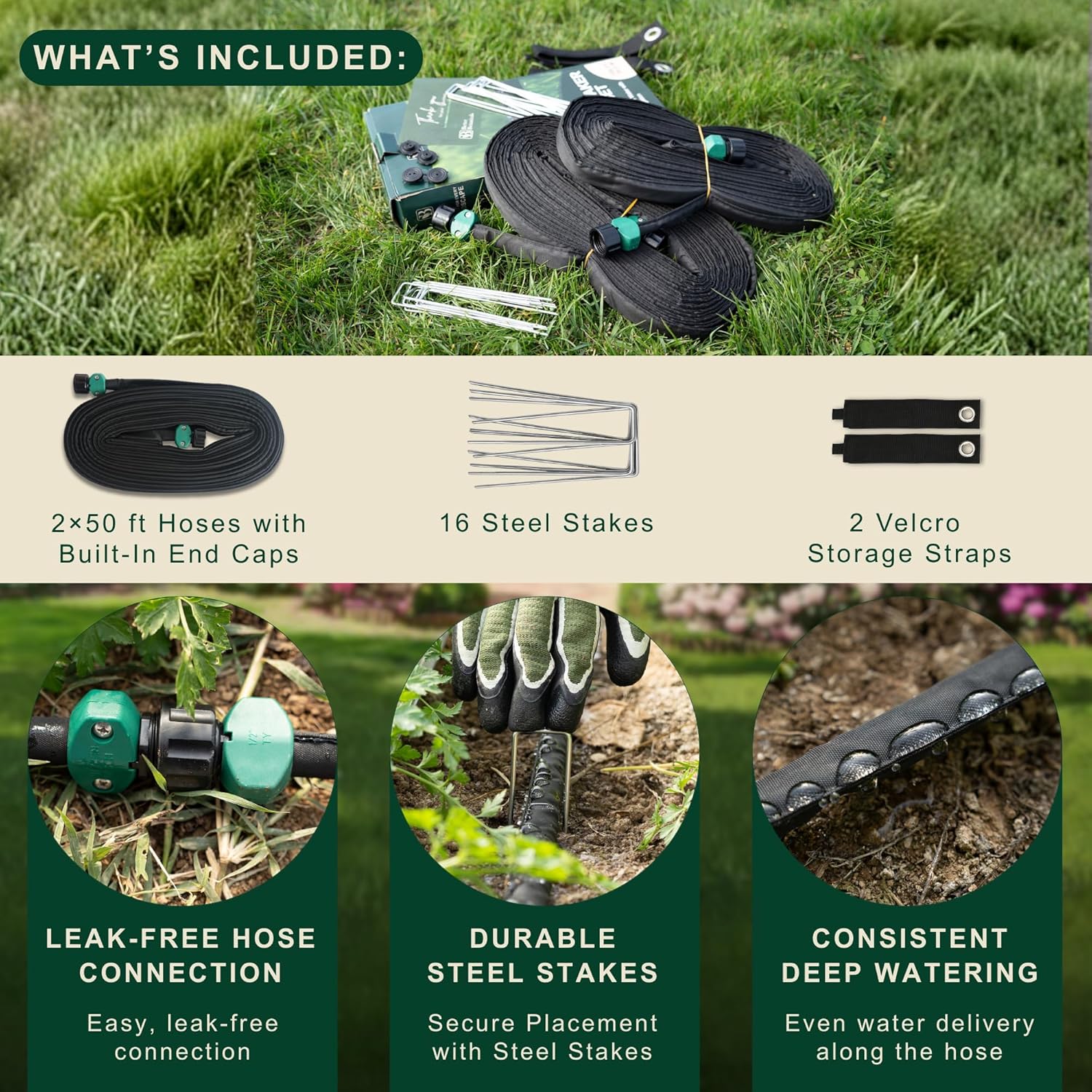 100 FT Flat Soaker Hose (2 × 50 FT) – Connectable Drip Irrigation Soaker Hose for Garden Beds, Trees & Landscaping – Includes Stakes & Storage Straps