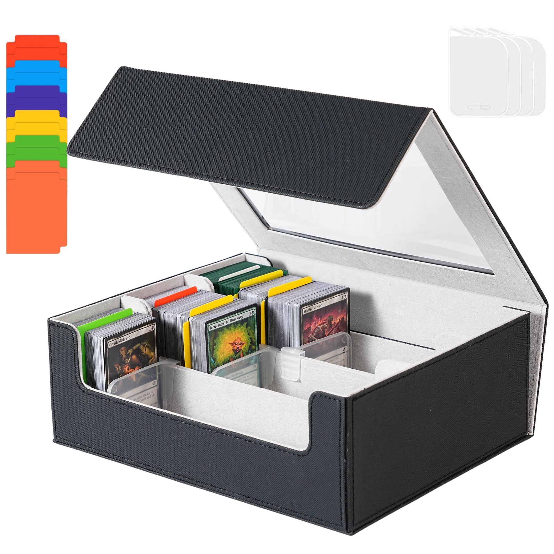 Trading Card Storage Box - 2400+ Commander Card Deck Case with See-through Display Top for Magic the Gathering YuGiOh, TCG MTG PTCG Box with 12 Dividers 4 Supporters, Black and Gray