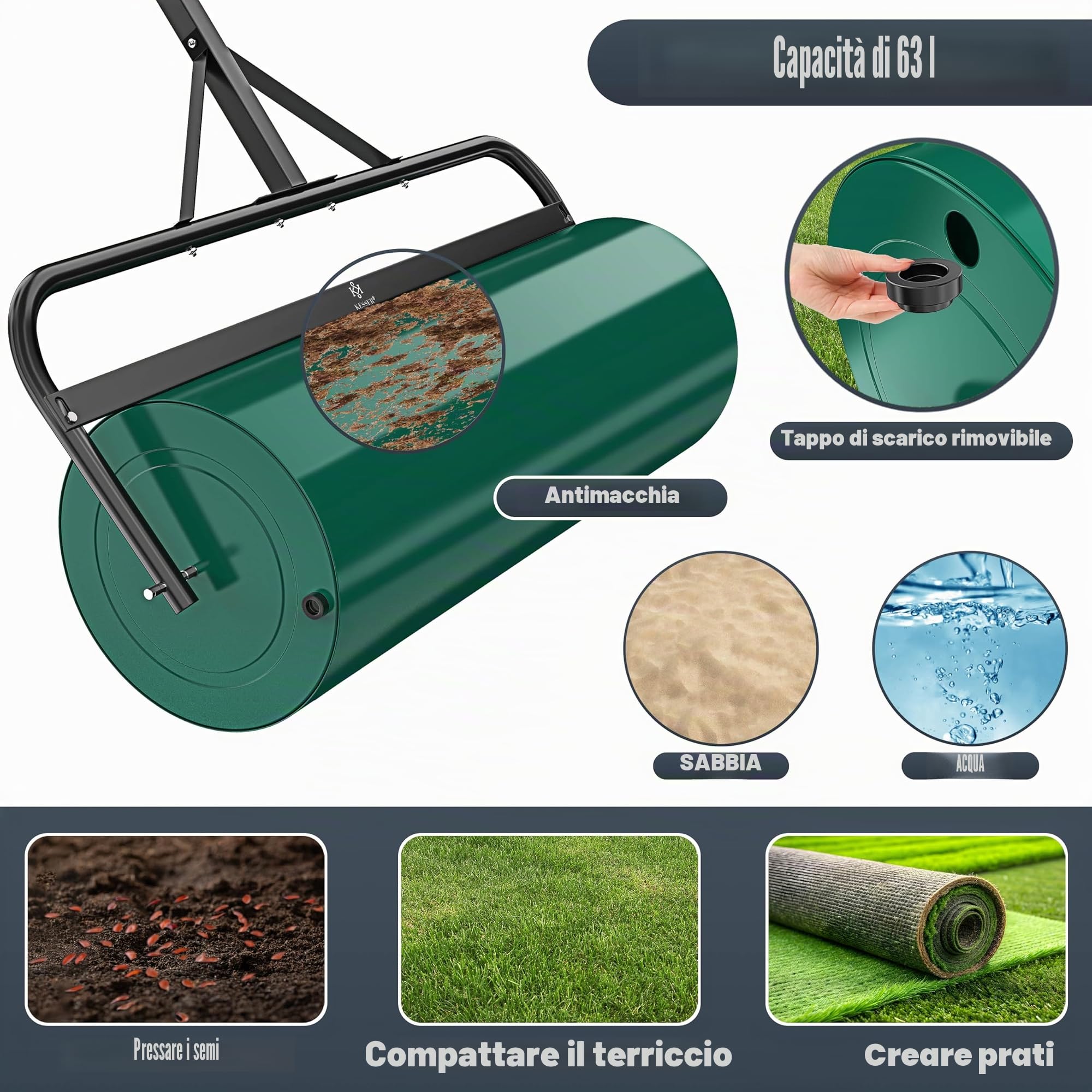 KESSER® Rullo per prato in metallo, riempibile con acqua o sabbia, con 63 litri di volume e 99 cm di larghezza, rullo da giardino con guanti, rullo manuale per prato, rullo da agricoltura, colore