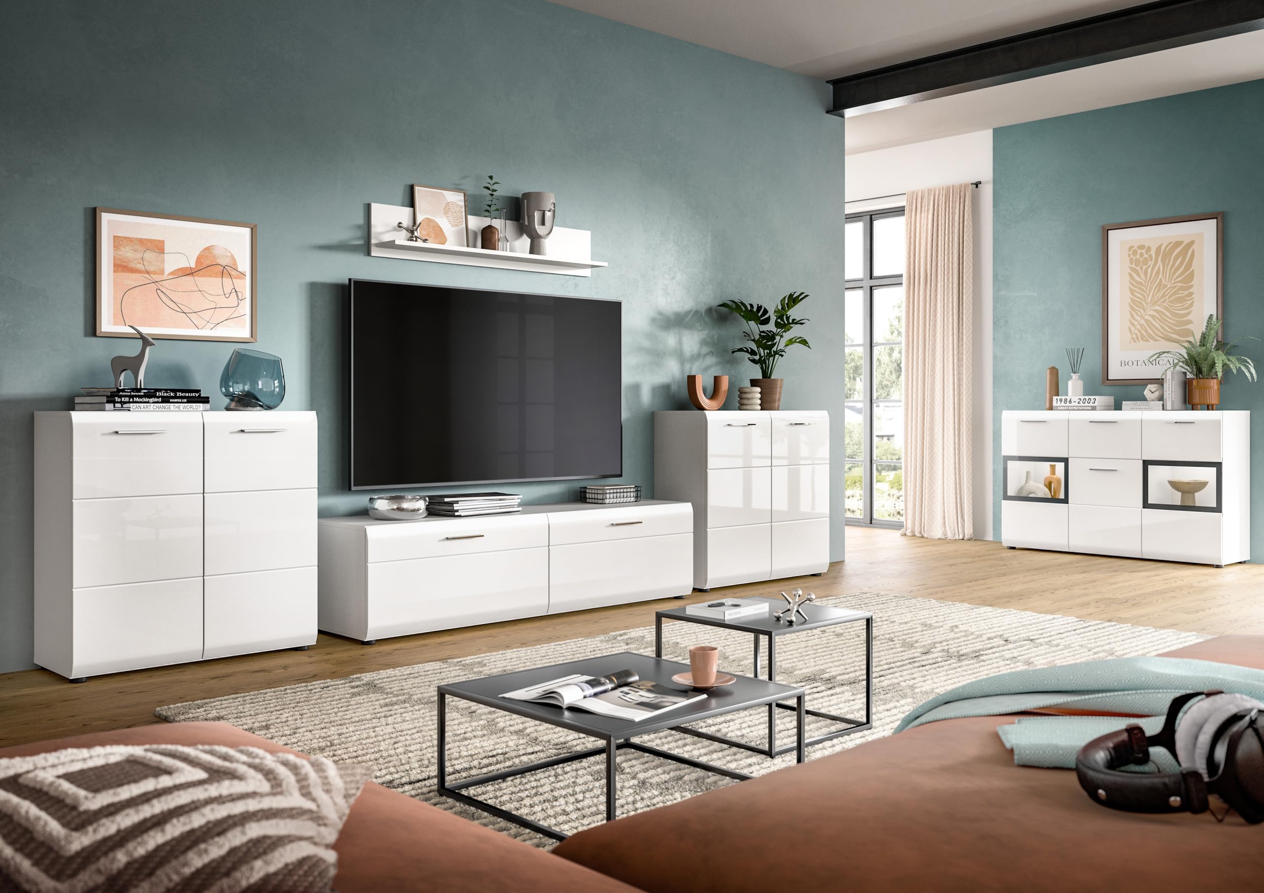xonox.home – Highboard Ice 80x81x34 cm in weiß Hochglanz und weiß – Stilvolle Highboard Kommode mit viel Stauraum – modernes Design für Wohnzimmer & Essbereich