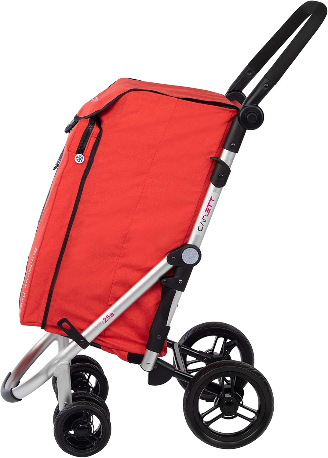Збоку view of the Carlett Lett460 shopping trolley in red, showing its profile.