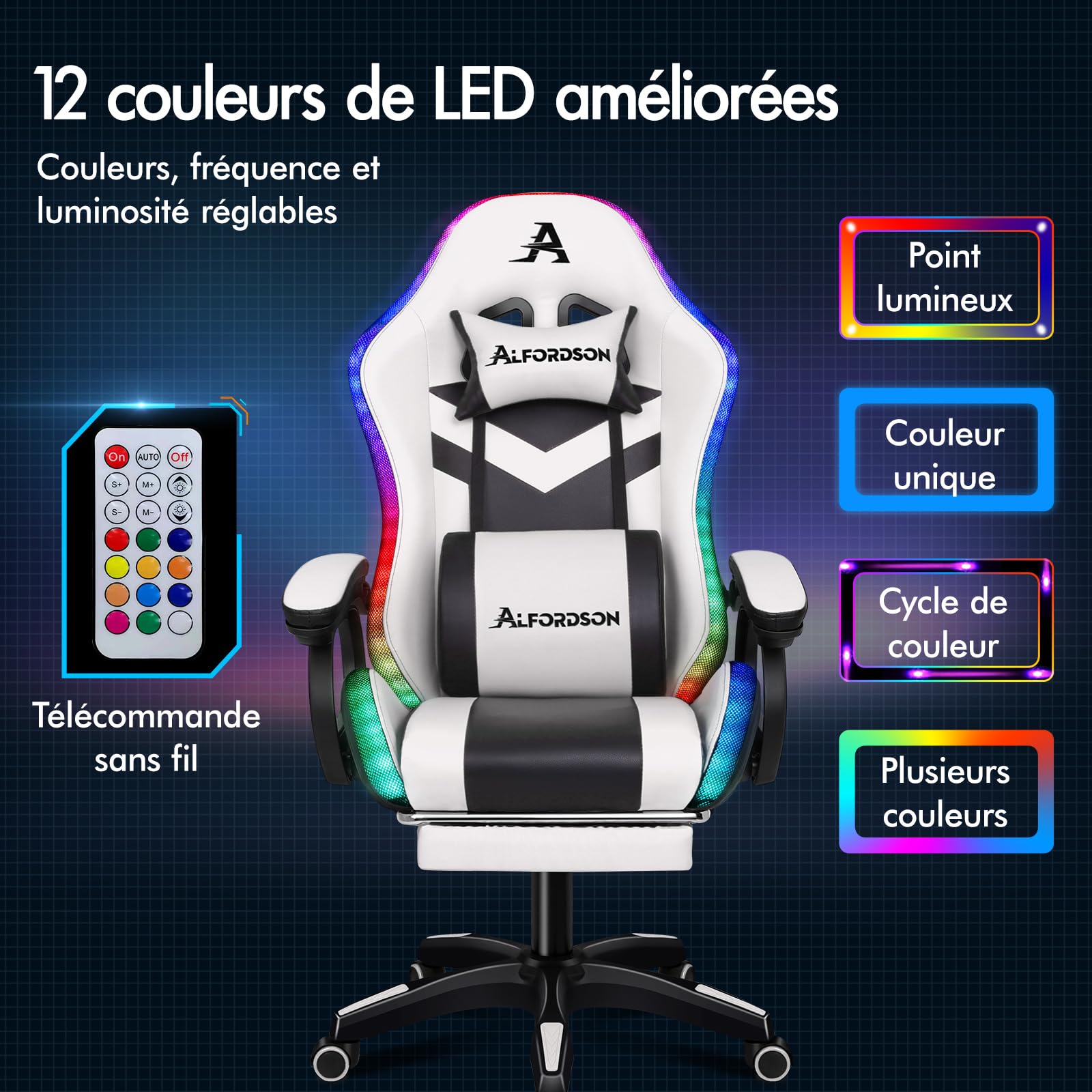 ALFORDSON Chaise de jeu LED Racing avec éclairage RVB 12 couleurs, chaise de massage avec support lombaire et repose-pieds, en polyuréthane, blanc