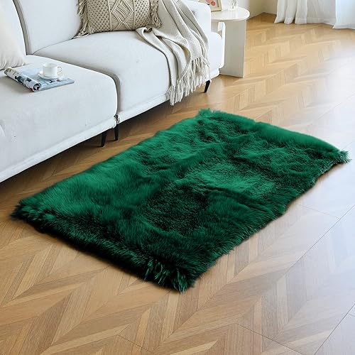 Miniatura 5 de Duduta - Alfombra de piel sintética rectangular de 3 x 5 pies en verde esmeralda, suave y esponjosa, lavable, para dormitorio, habitación de bebés,