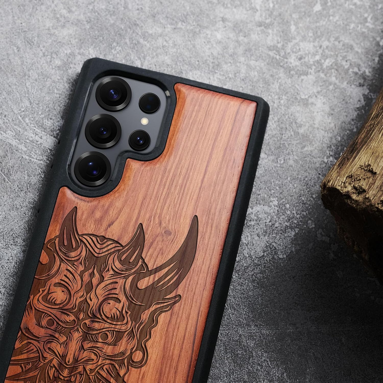Carveit Magnetic Wooden Case for Samsung Galaxy S25 Ultra Case 2025, TPU Shockproof Cover & Wood Artisan Engraved, Compatible with MagSafe Wireless Chargers (Japanese Oni Mask) Rosy