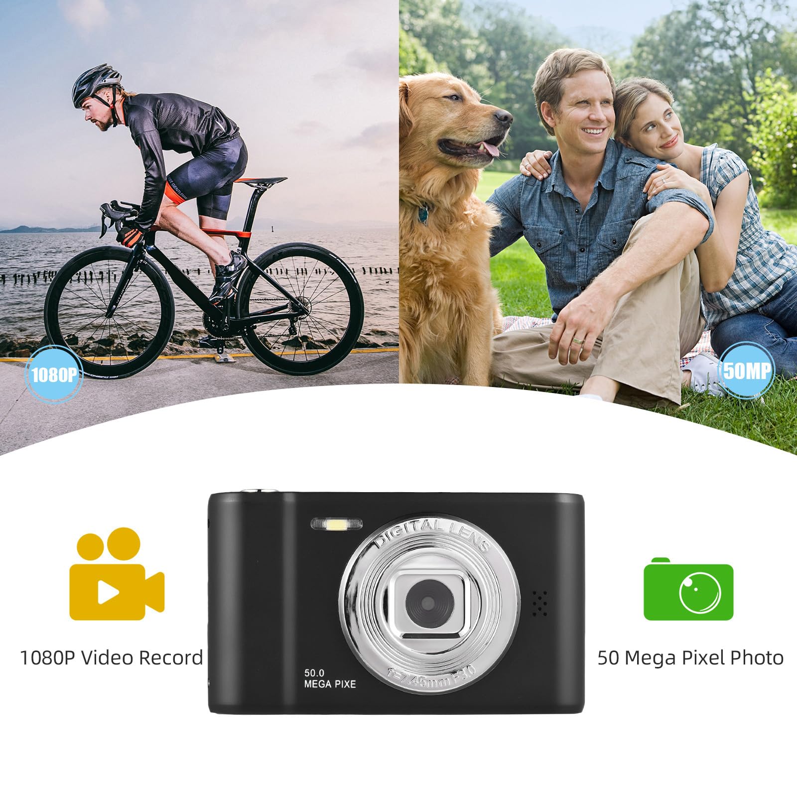 Andoer Fotocamera Digitale Compacta con Scheda SD da 32 GB, 1080P 50 MP, Schermo da 2,4 Pollici, Zoom 8X, Ideale per Bambini e Adolescenti