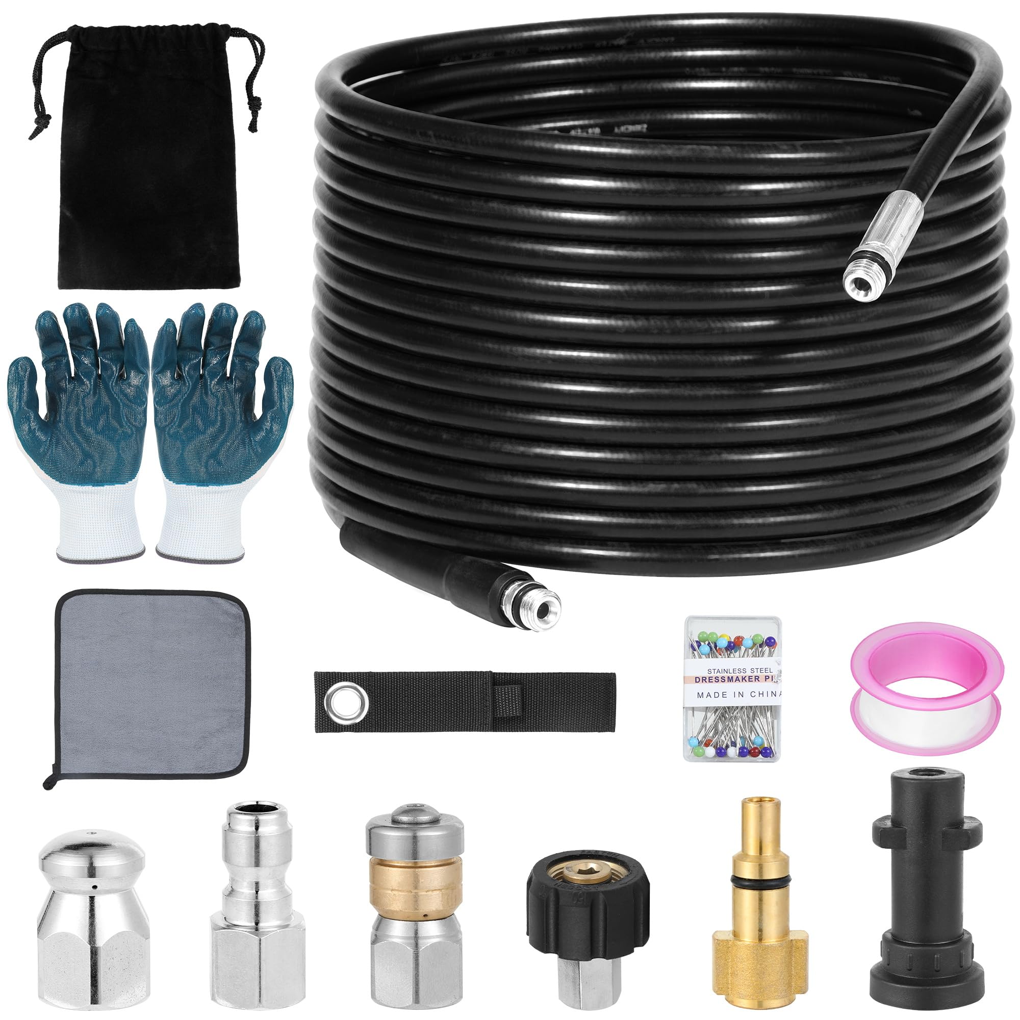 Hochdruckreiniger-Abflussreinigungsset – 1/4 Zoll NPT Reinigungsschlauch, M22-Kupplung, 1/4" Stecknippel, rotierende Düse, Knopf-Düsennadel, Adapter für Karcher/Lavor, für Rohre und Abflüsse