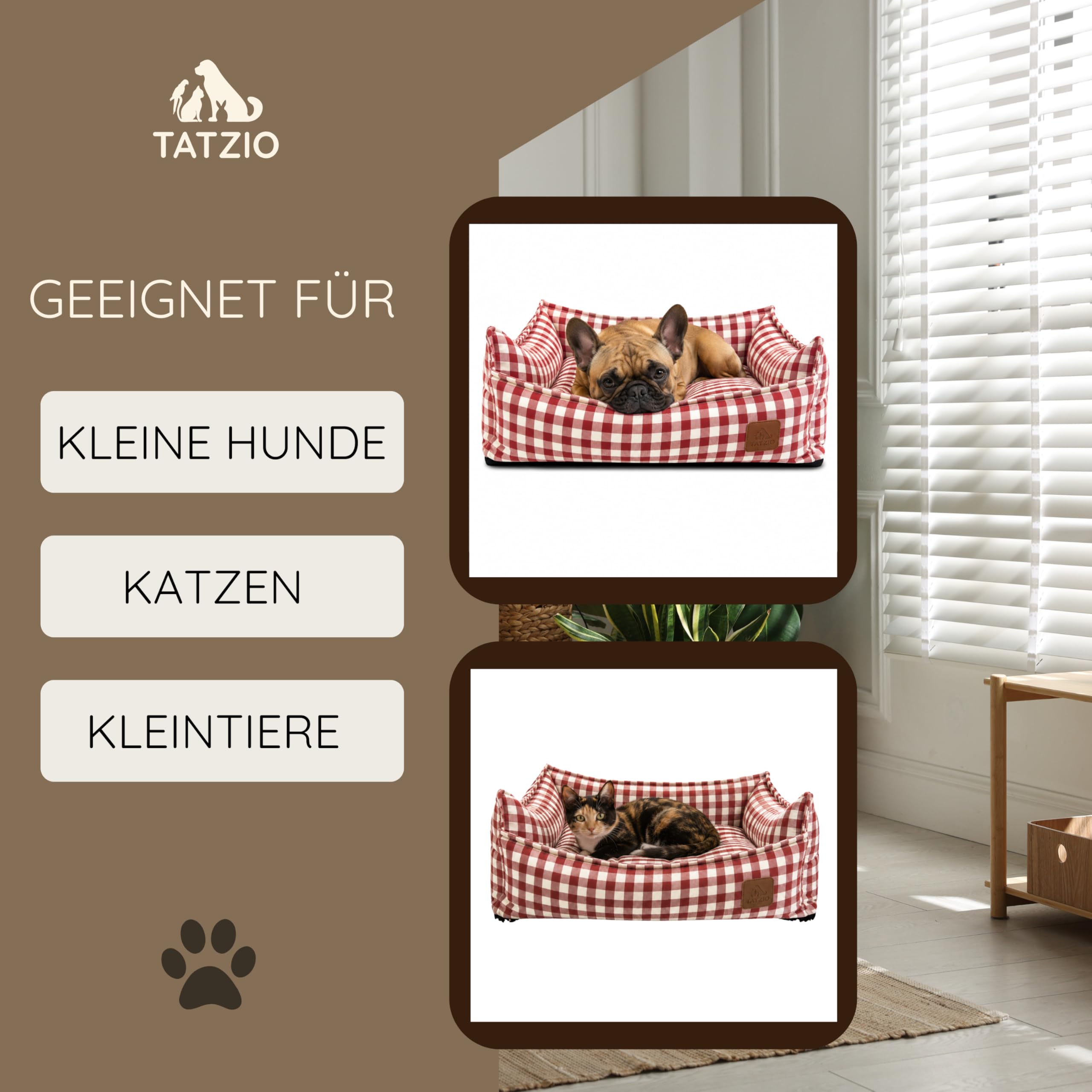 Haustierbett für Katzen & kleine Hunde, Kariertes Katzenbett mit waschbarem Bezug & herausnehmbarem Kissen, formstabiles Hundebett & Katzenkorb, 60 x 50 x 20 cm rot