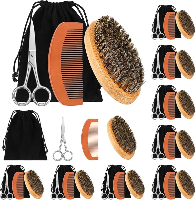 10 Set Appreciation Gifts Bulk Beard Brush Comb Scissors,Oval | Boar Bristle Beard Brush, for Men Father Colleague Employee