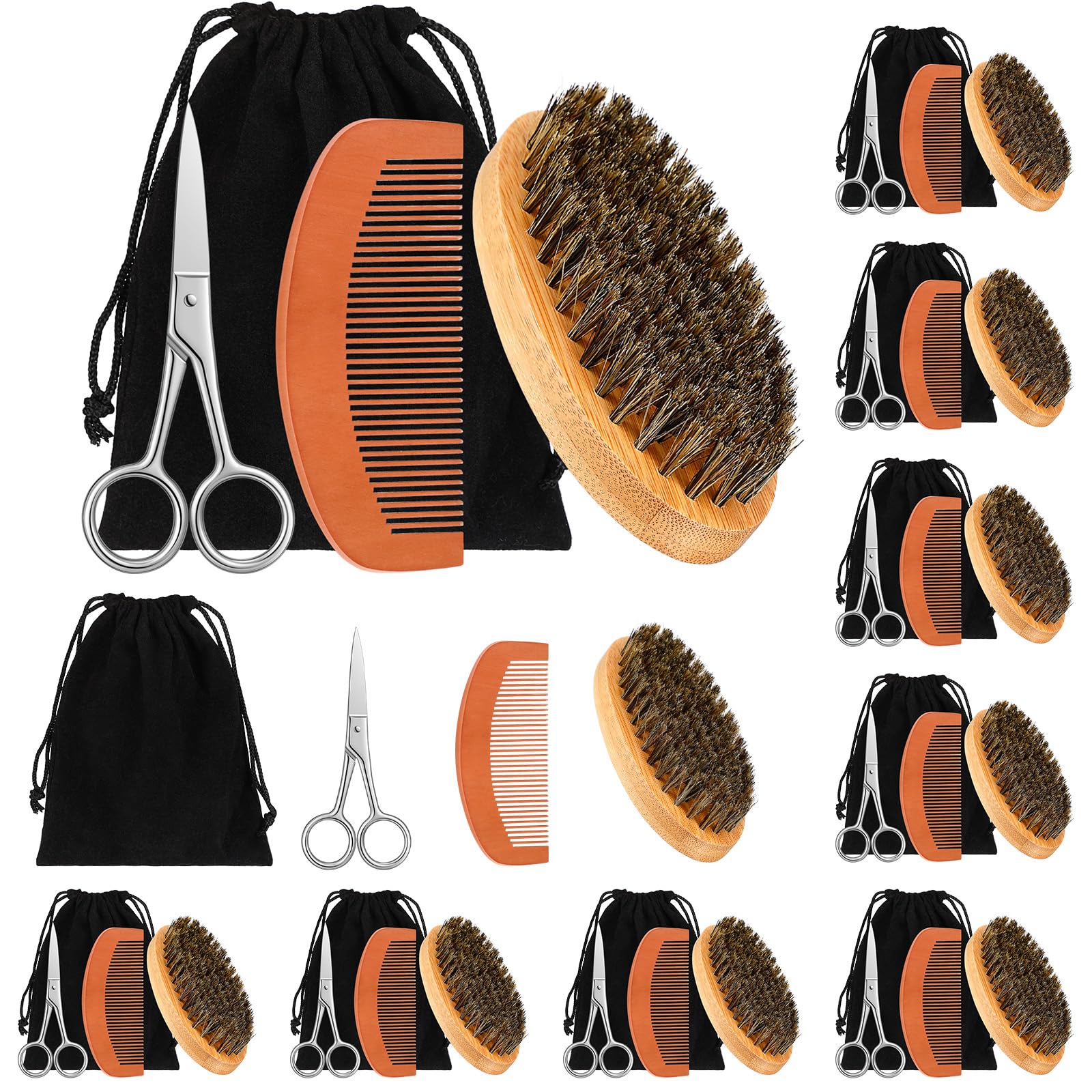 Maitys 10 Sets Beard Brush and Comb Set Bulk Boar Bristle Beard Brush Comb Scissors Kit Gifts for Men Father Colleague Employee Appreciation(Oval)