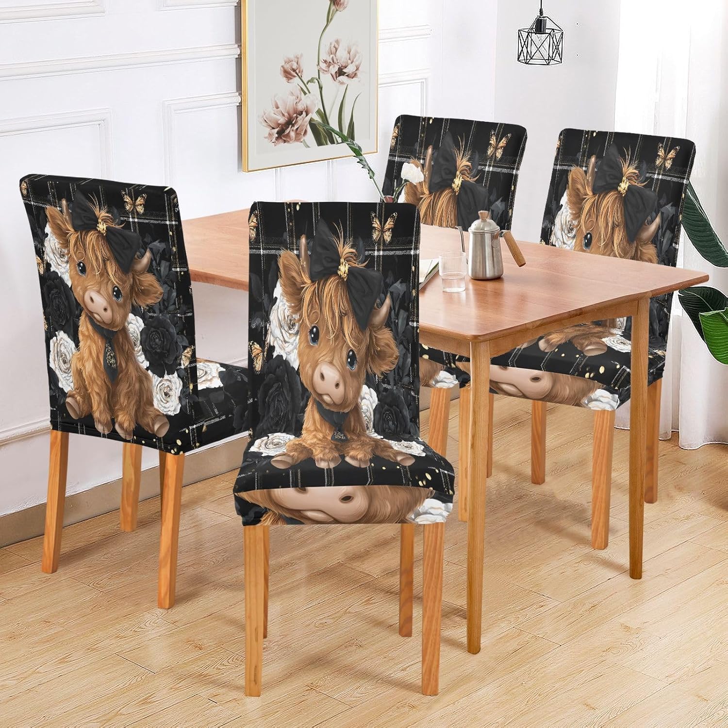 ALAZA Chair Covers for Dining Room, Highland Cow Rose Butterfly Stretch Chair Cover Sets Chair Protector Removable Washable for Ktichen Restaurant Hotel