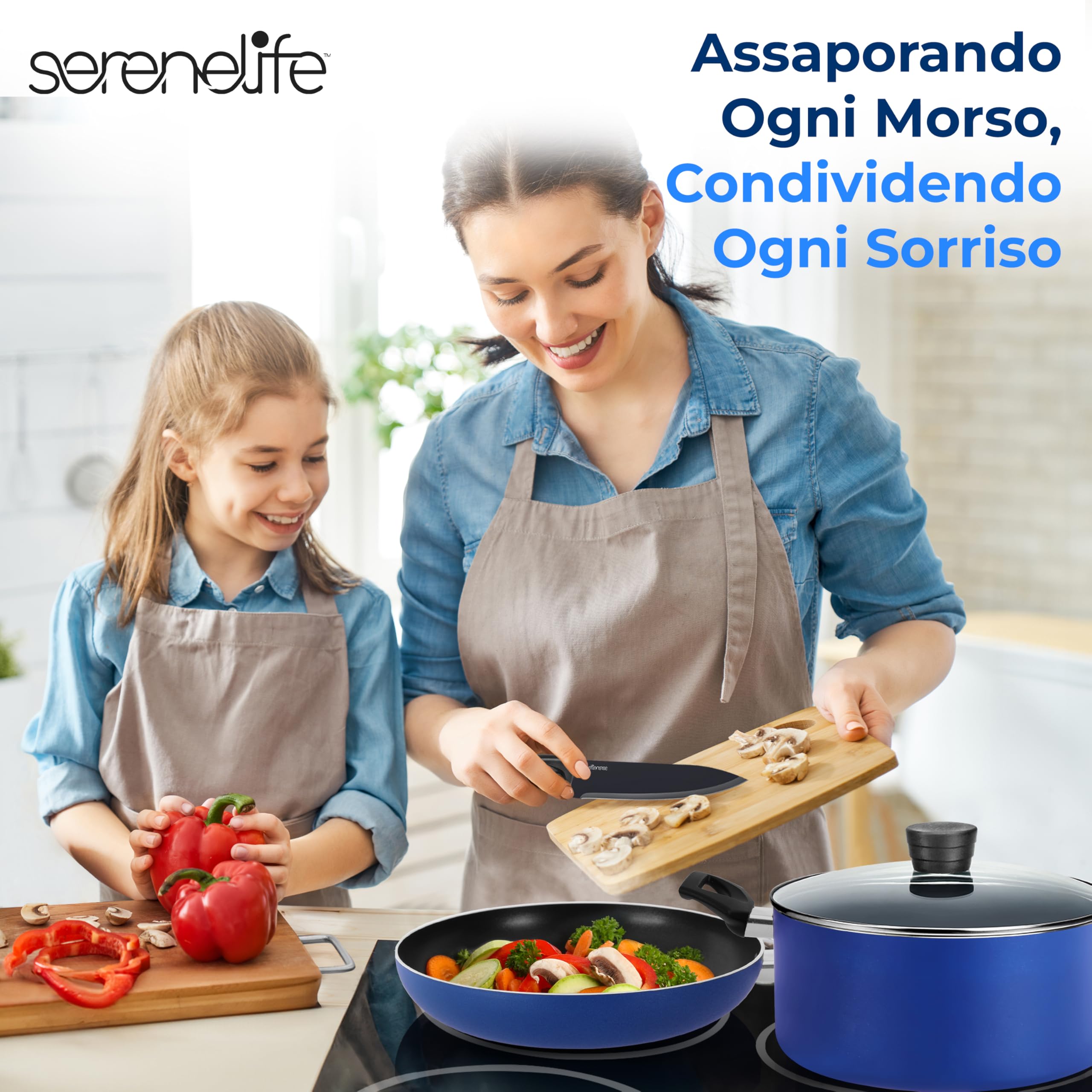 SereneLife Set Pentole 20 Pezzi Blu con Coltelli, Batteria Pentole con Coperchi e Utensili, Antiaderente, Resistente al Calore, Lavabile in Lavastoviglie, Gas, Elettrico e Ceramica