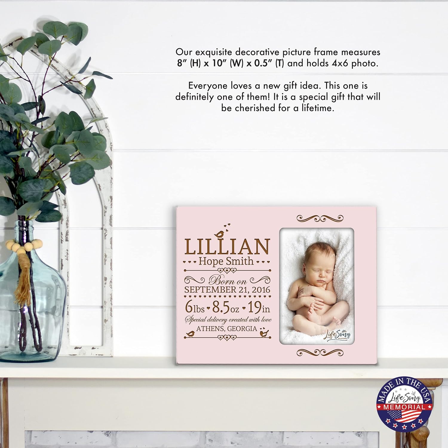 LifeSong Milestones Personalized Picture Frame New Baby Birth Announcement Picture Frame Holds 4x6 Photo Wall Decor Nursery Decor Baby Room Decor Modern Wall Decor Baby Keepsake Products